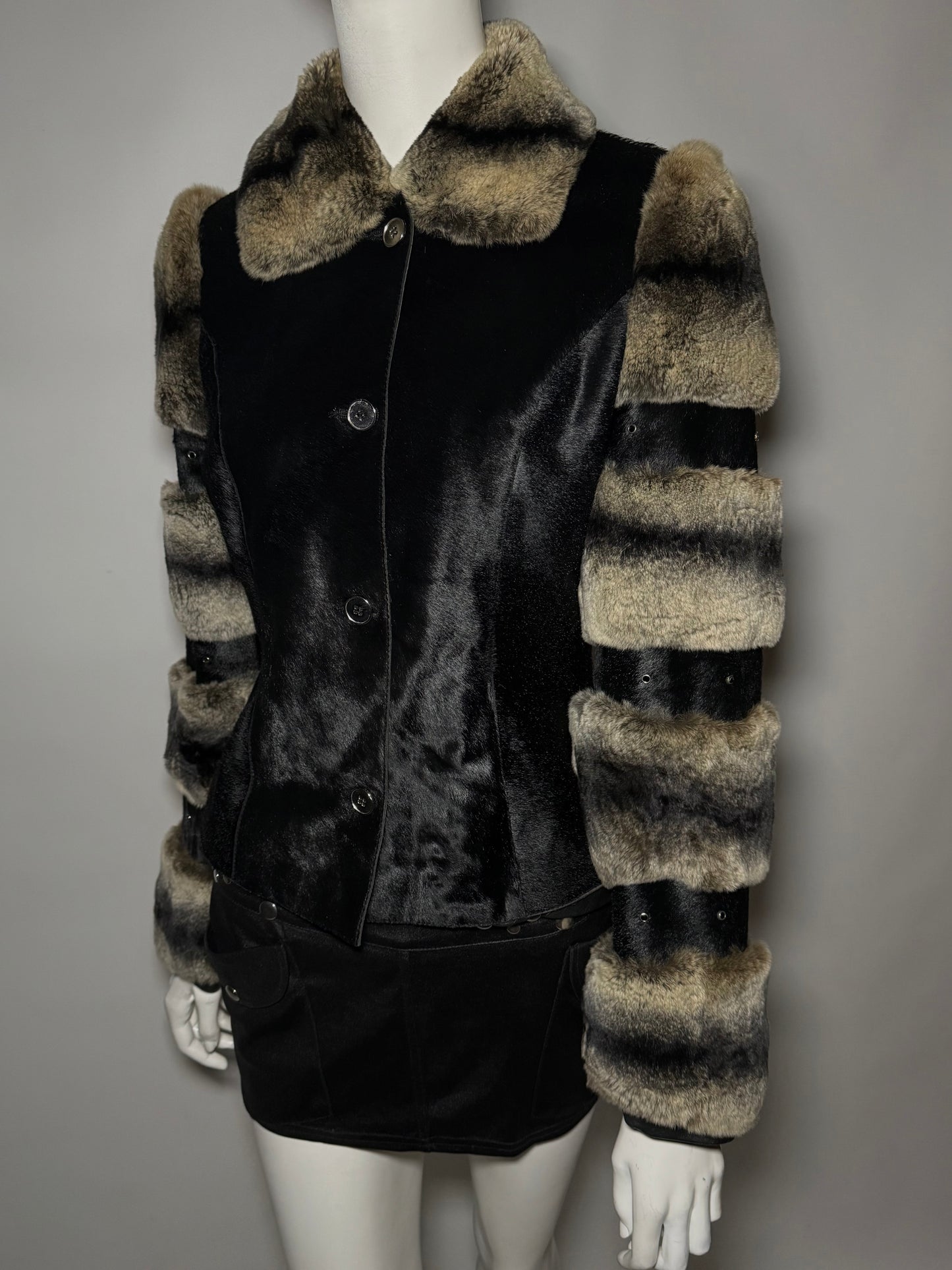 Vintage leather jacket with real chinchilla and pony fur panels