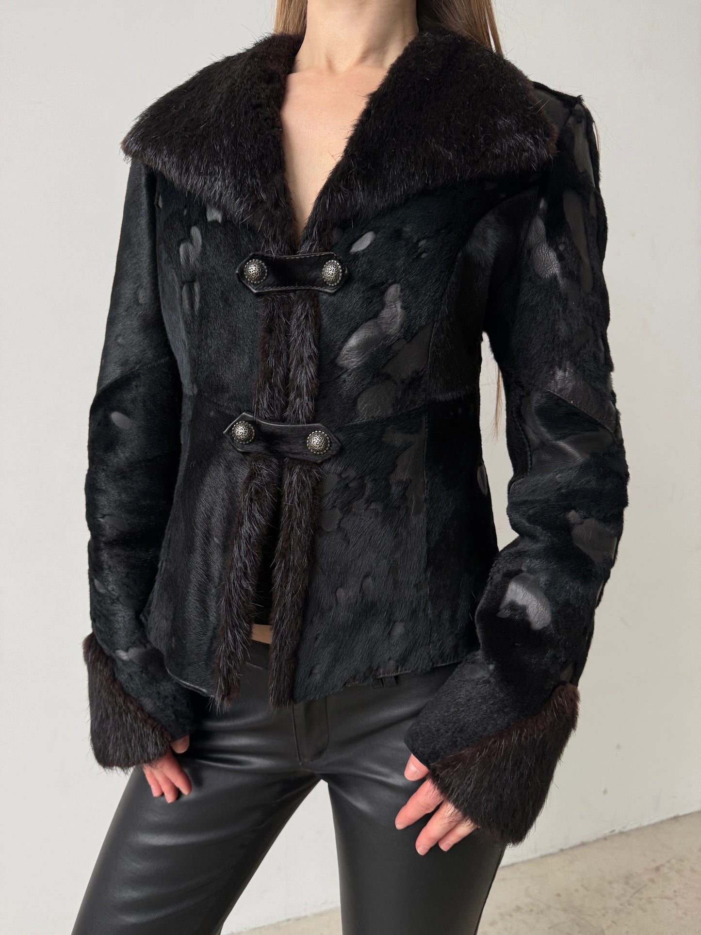 Vintage pony fur & leather fitted jacket – black-blue mix TWINKLING GLOBAL