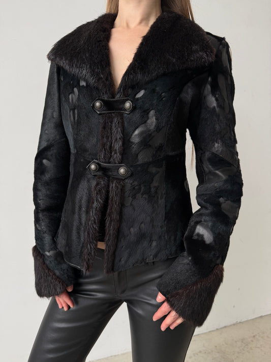 Vintage pony fur & leather fitted jacket – black-blue mix TWINKLING GLOBAL