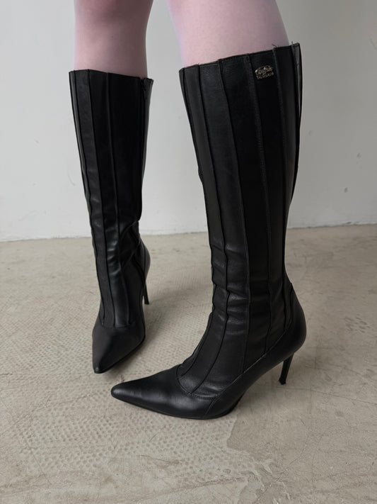 Vintage black leather Buffalo knee-high boots with stiletto heel TWINKLING GLOBAL