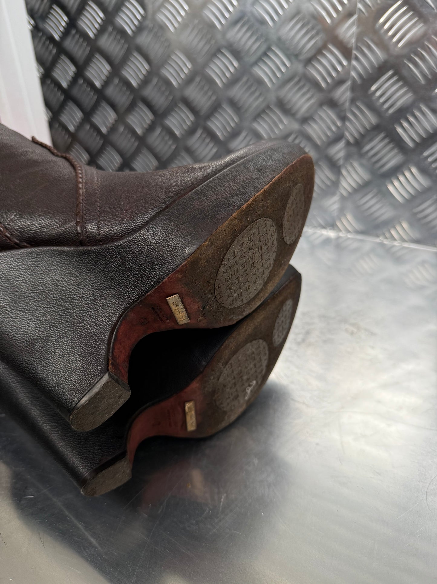 Vintage brown leather platform wedge over-the-knee boots SHY TWINKLING GLOBAL