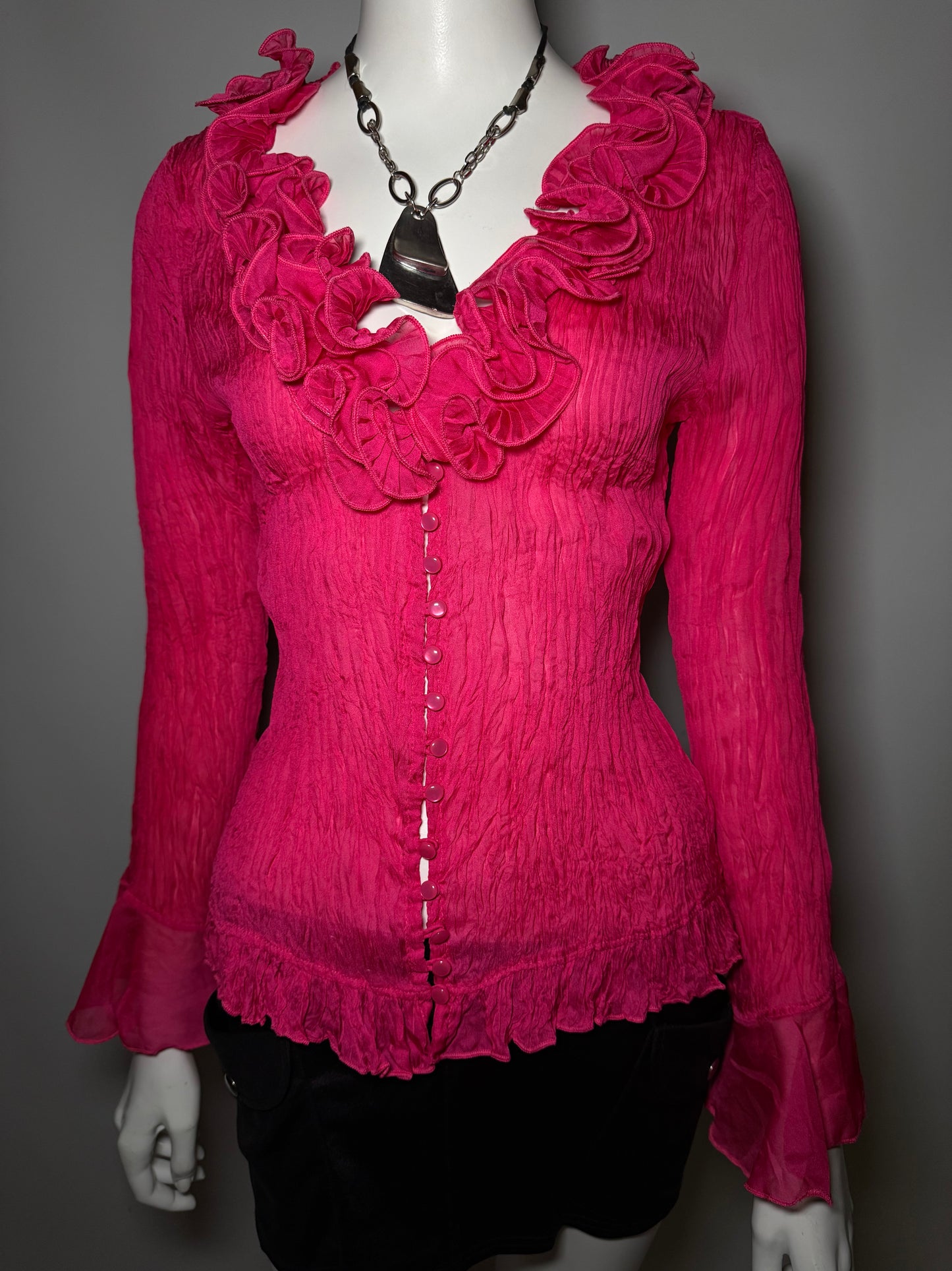 Vintage Crinkled Fuchsia Blouse with Ruffles Twinkling Global