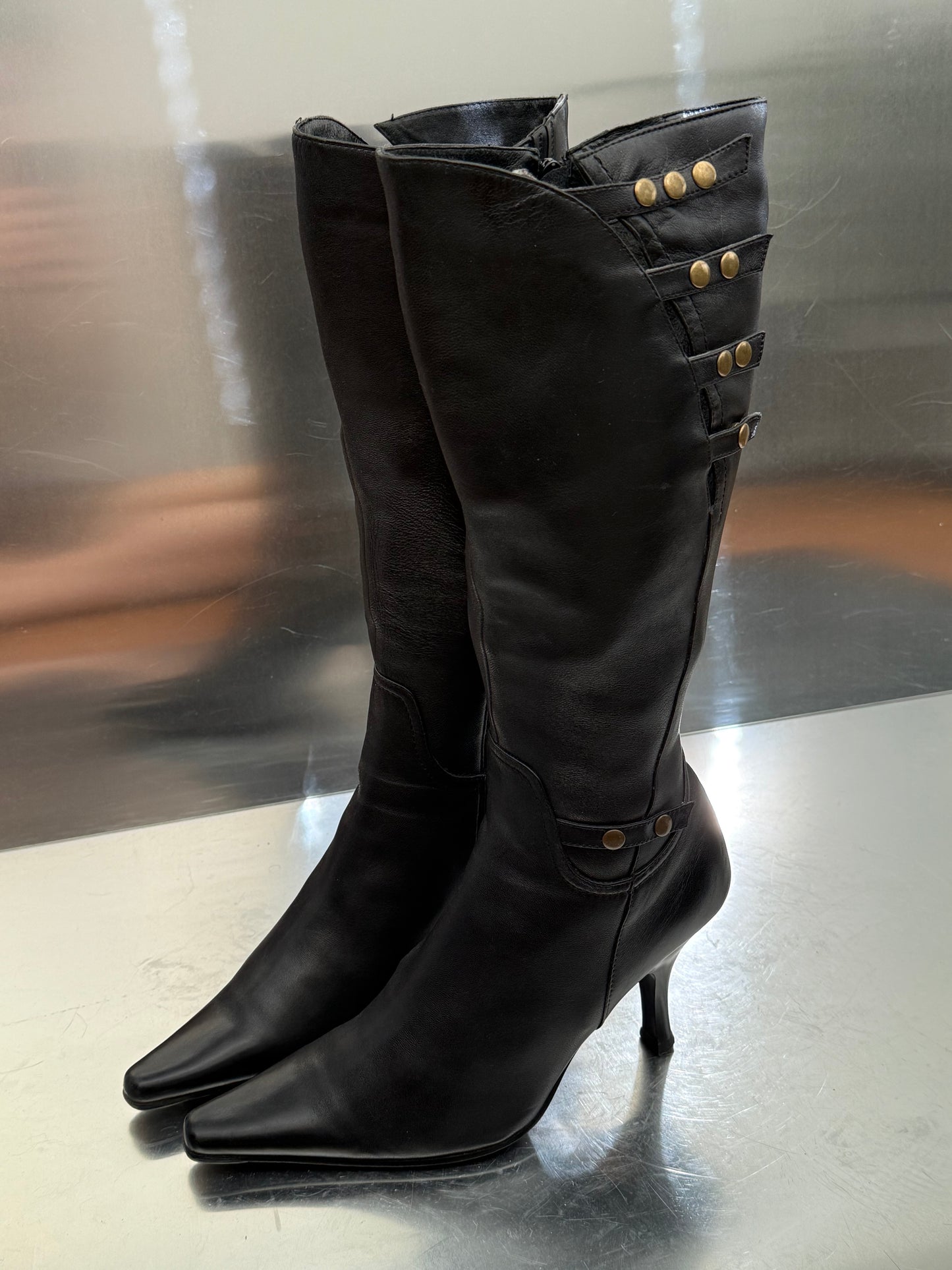 Vintage Black Leather High Boots with Stud Details Twinkling Global
