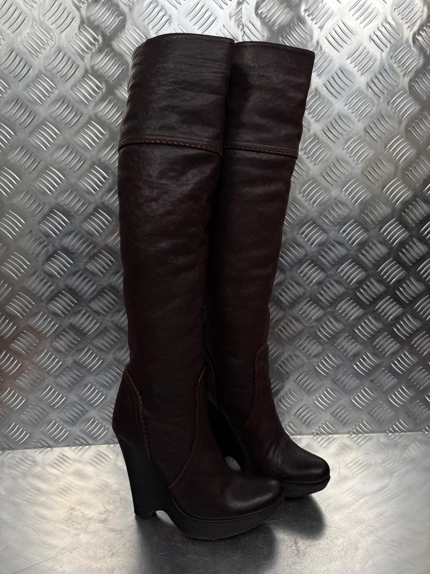 Vintage brown leather platform wedge over-the-knee boots SHY TWINKLING GLOBAL