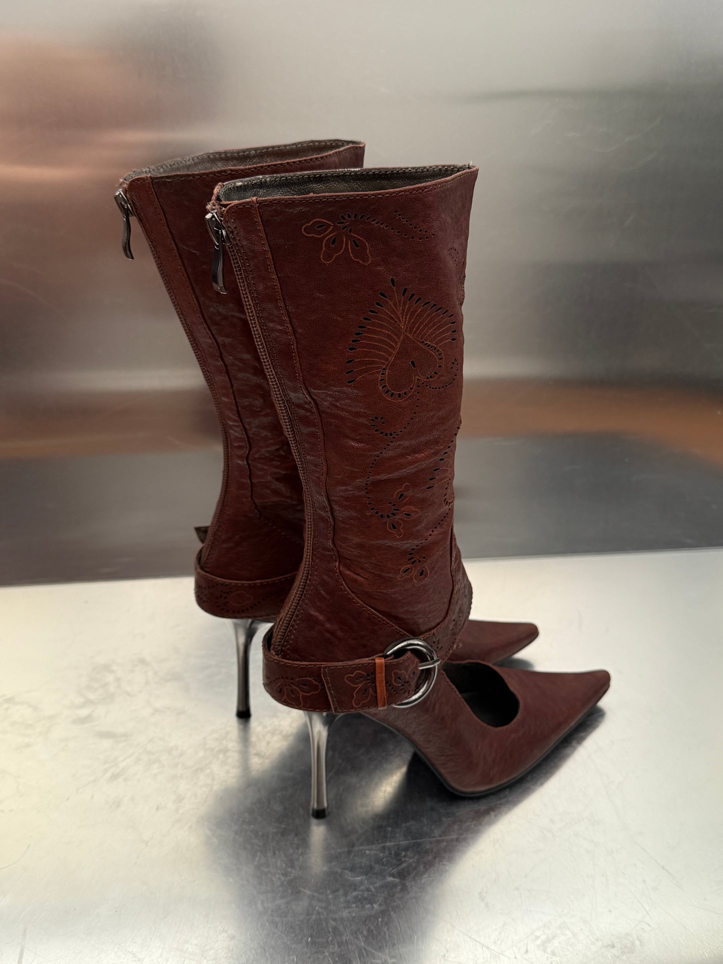 Vintage Brown Leather Gaiter-Style Pump Boots Twinkling Global