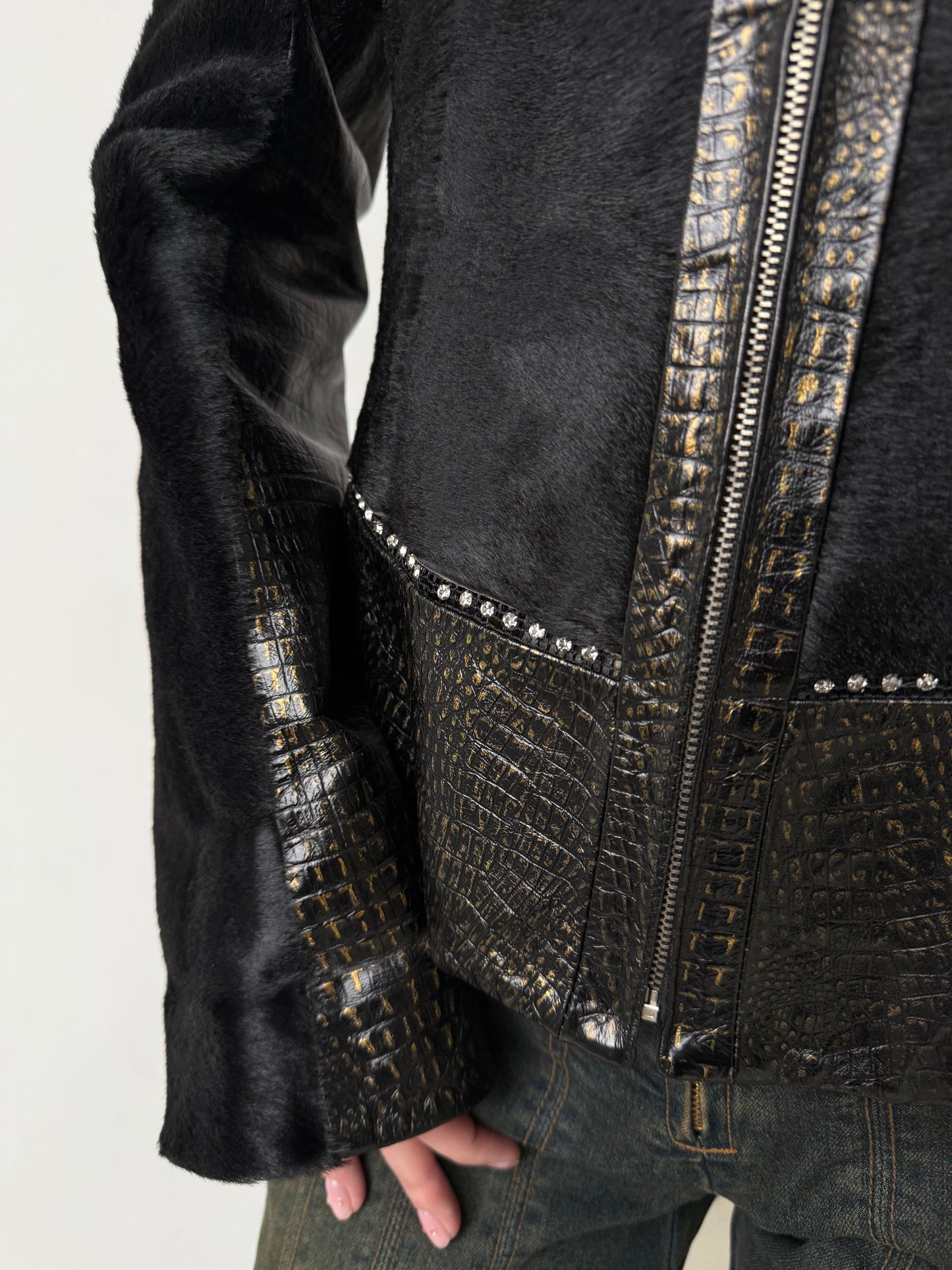 Vintage fitted leather jacket with pony fur TWINKLING GLOBAL