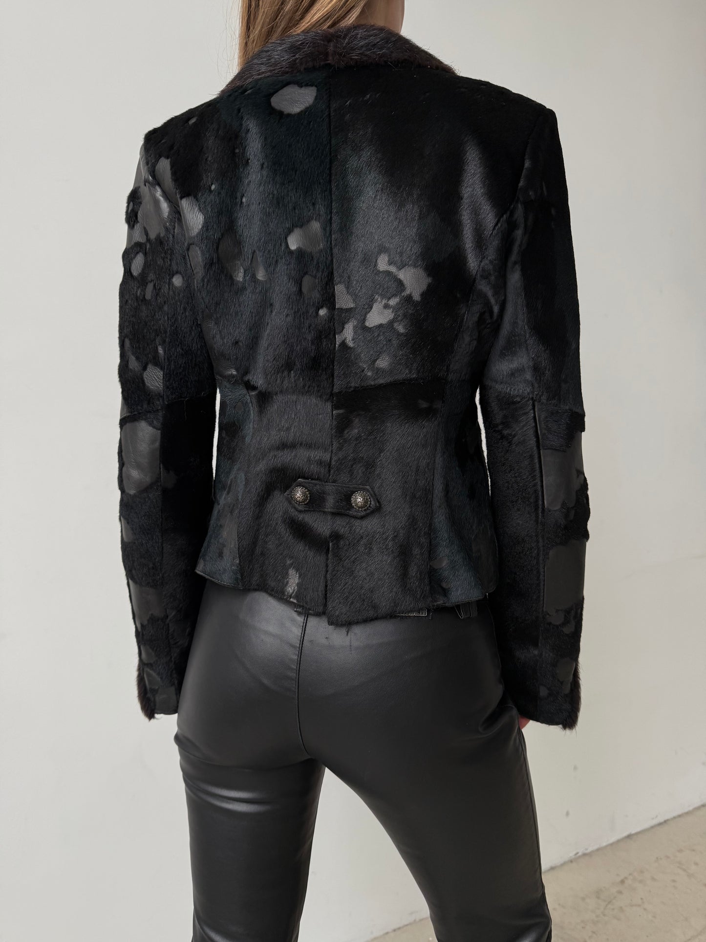 Vintage pony fur & leather fitted jacket – black-blue mix TWINKLING GLOBAL