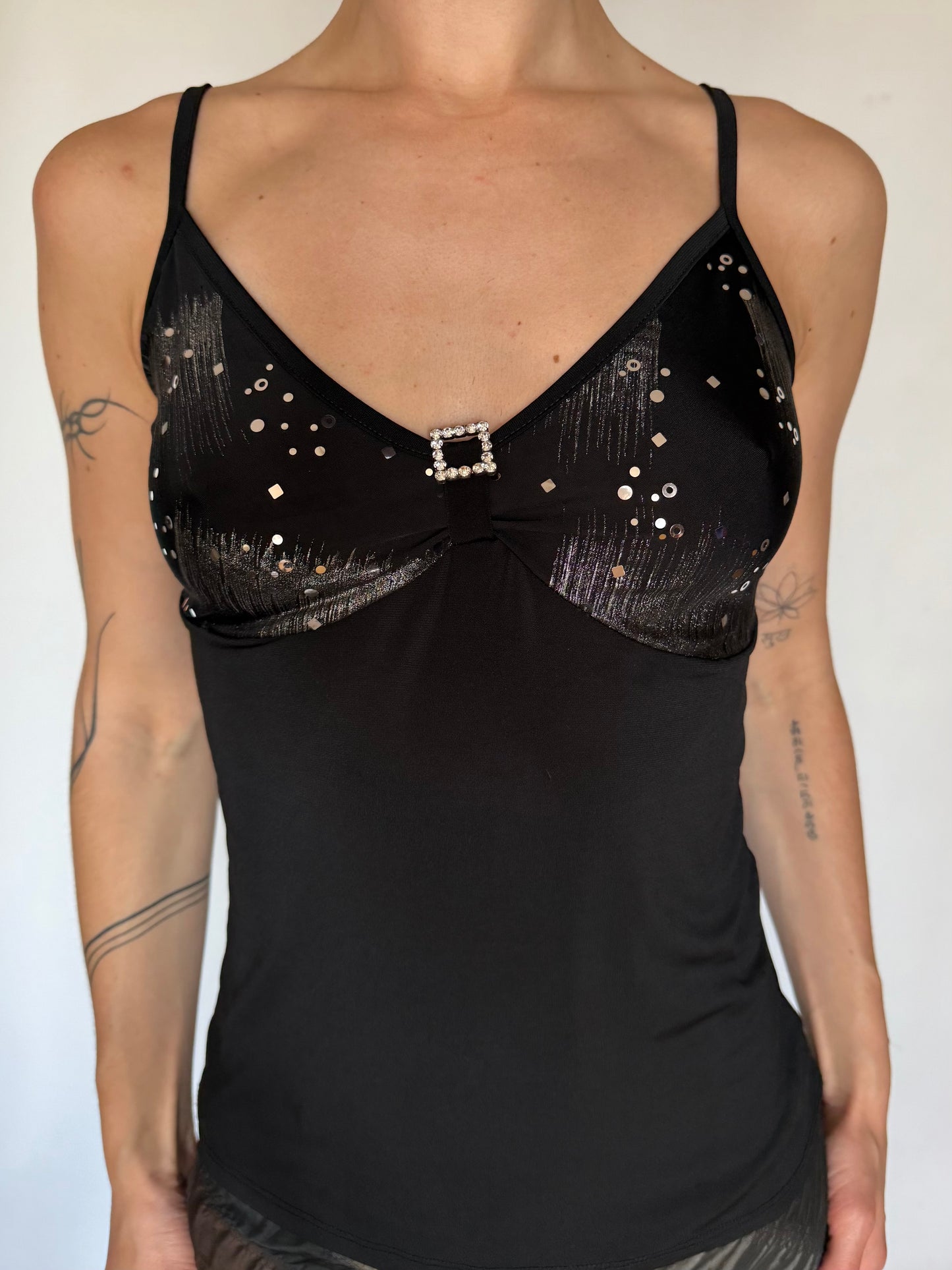 Y2K Black Stretchy Top with Rhinestone Detail  Twinkling