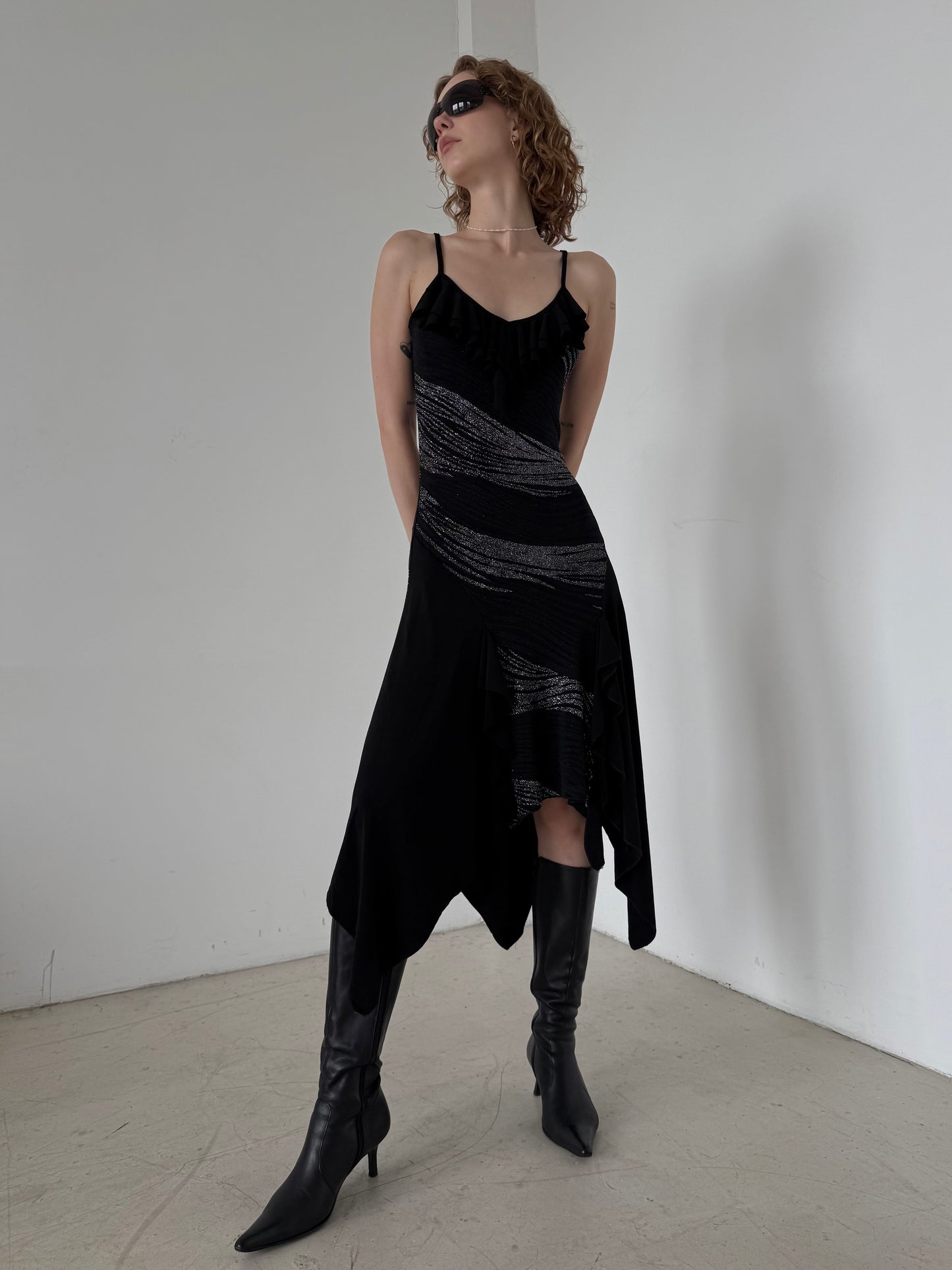 Vintage Black Asymmetrical Midi Dress with Metallic Stripes – Twinkling Global