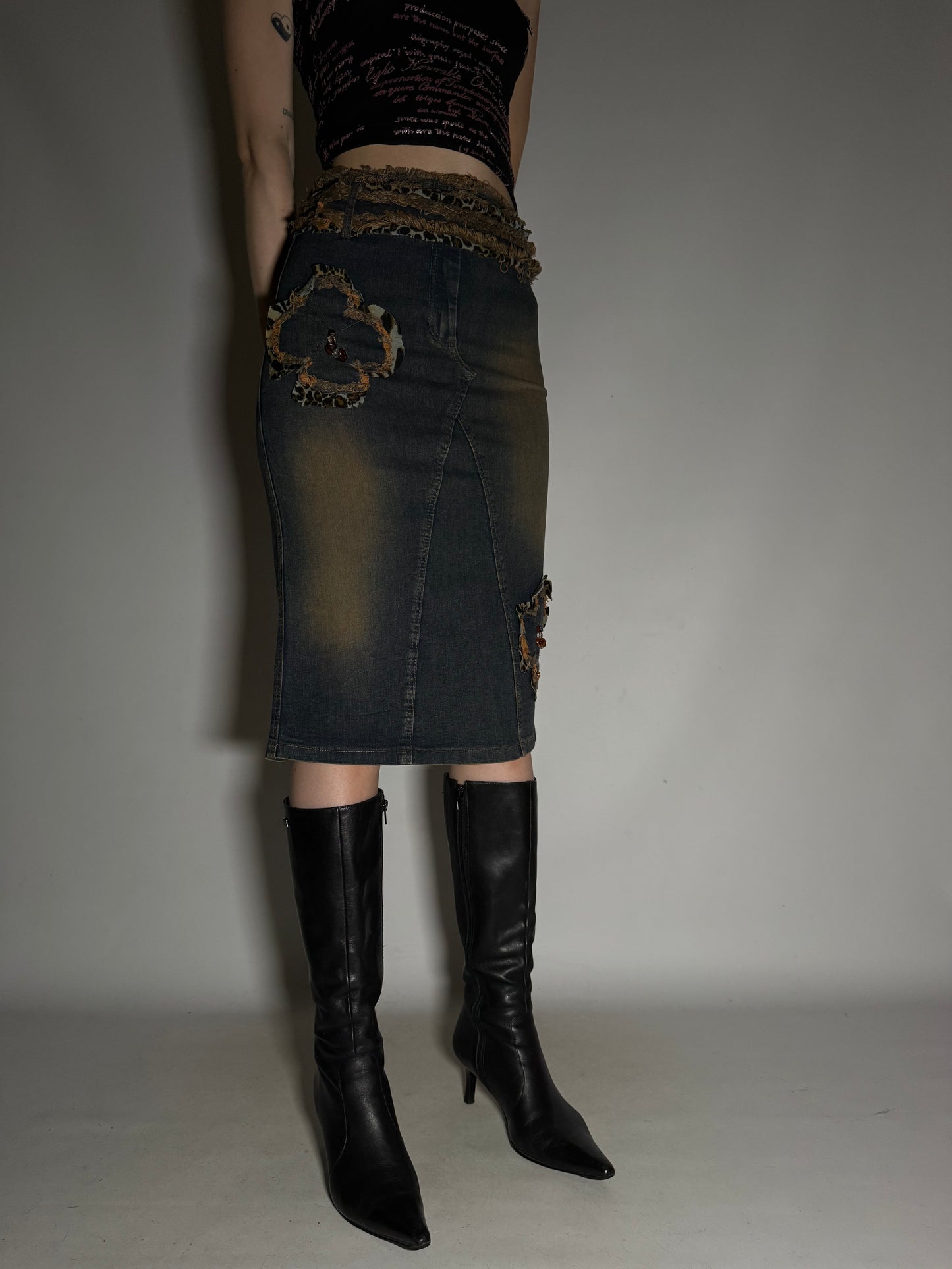 Y2K Leopard Patch Stretch Denim Pencil Skirt Twinkling