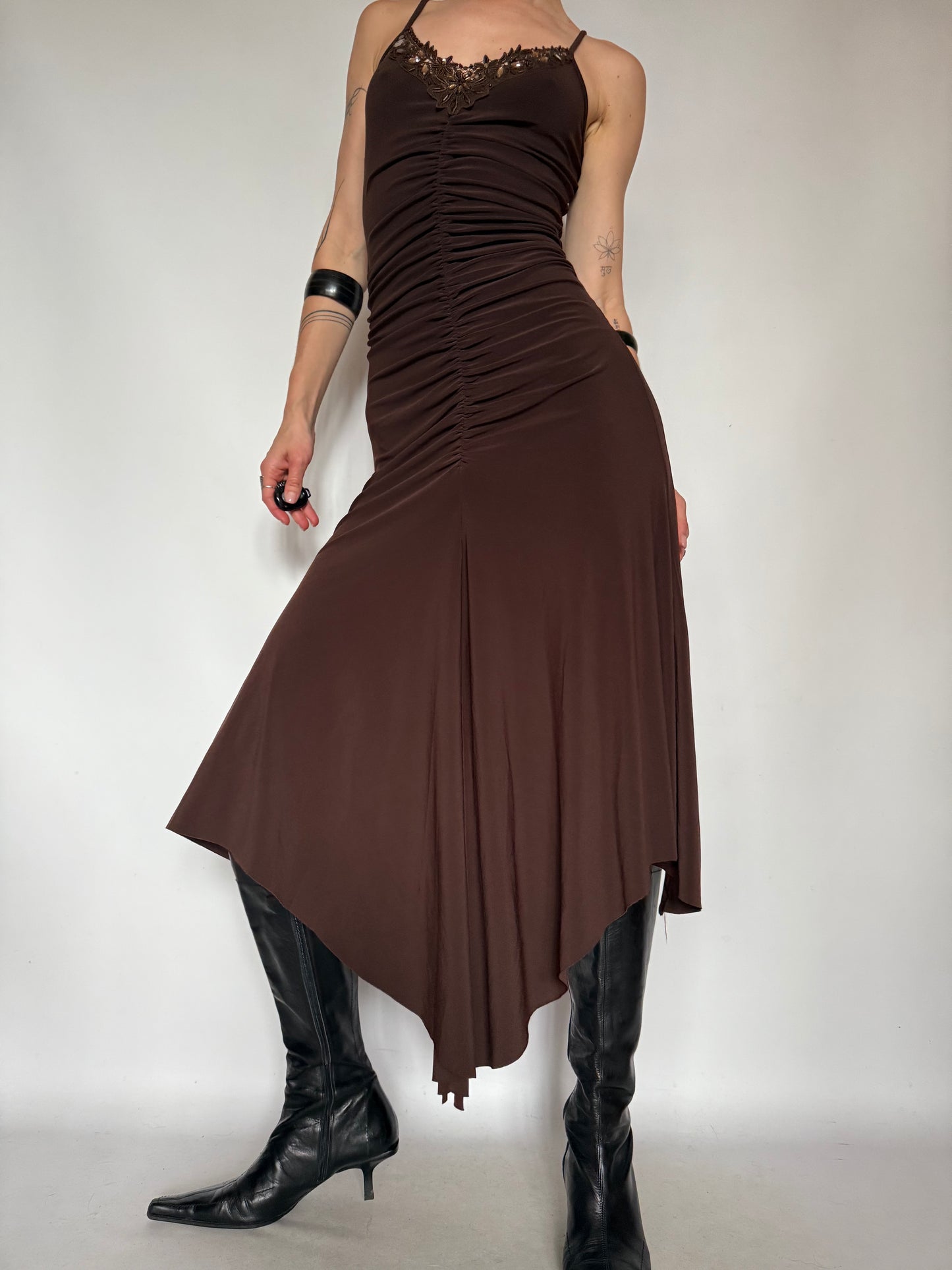 Vintage Brown Ruched Asymmetrical Dress – Twinkling Global