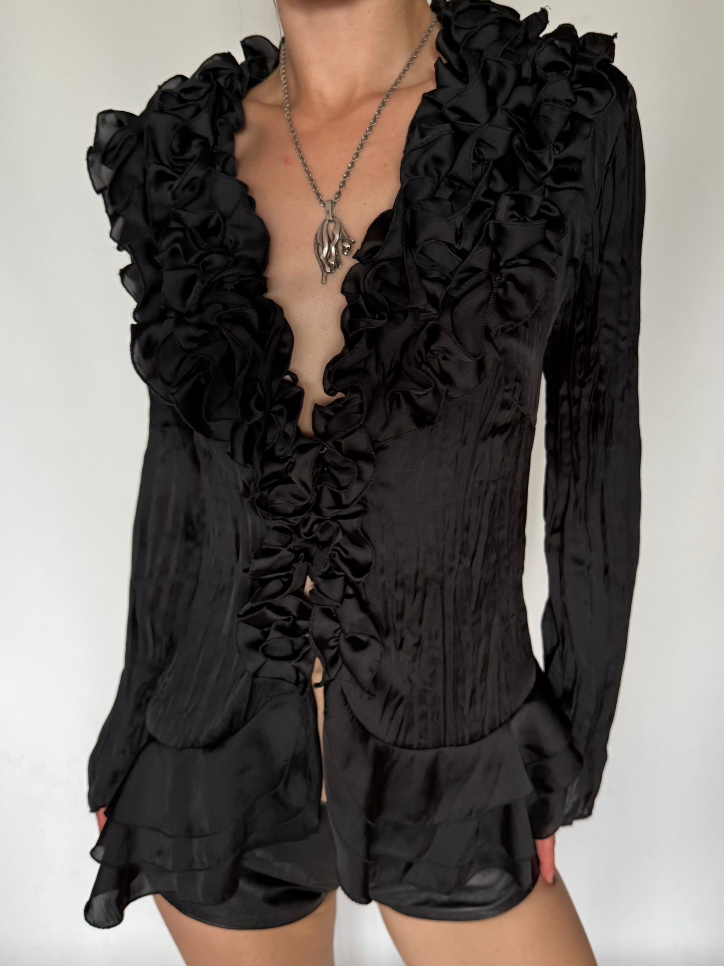 Vintage Satin Ruffle Peplum Blouse Black Twinkling Global