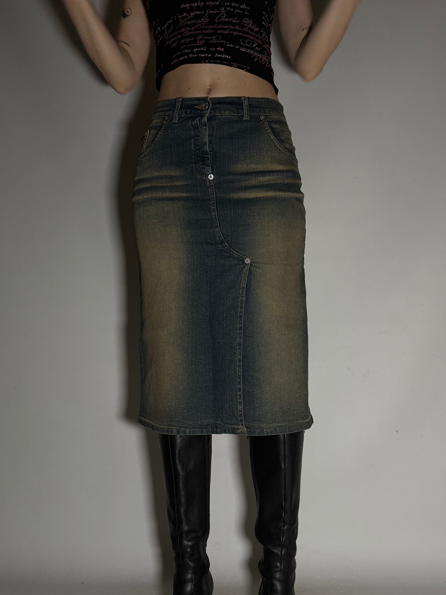 Y2K Rust-Washed Denim Skirt with Front Slit  Twinkling
