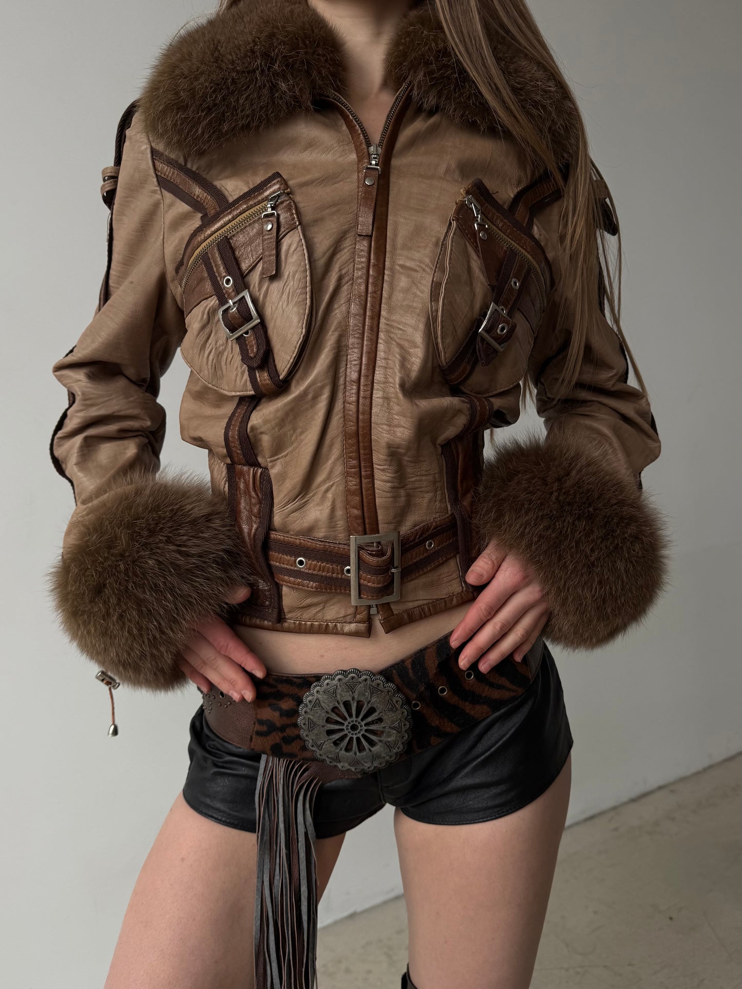 Vintage leather jacket with natural fur and utility buckle detailing TWINKLING GLOBAL