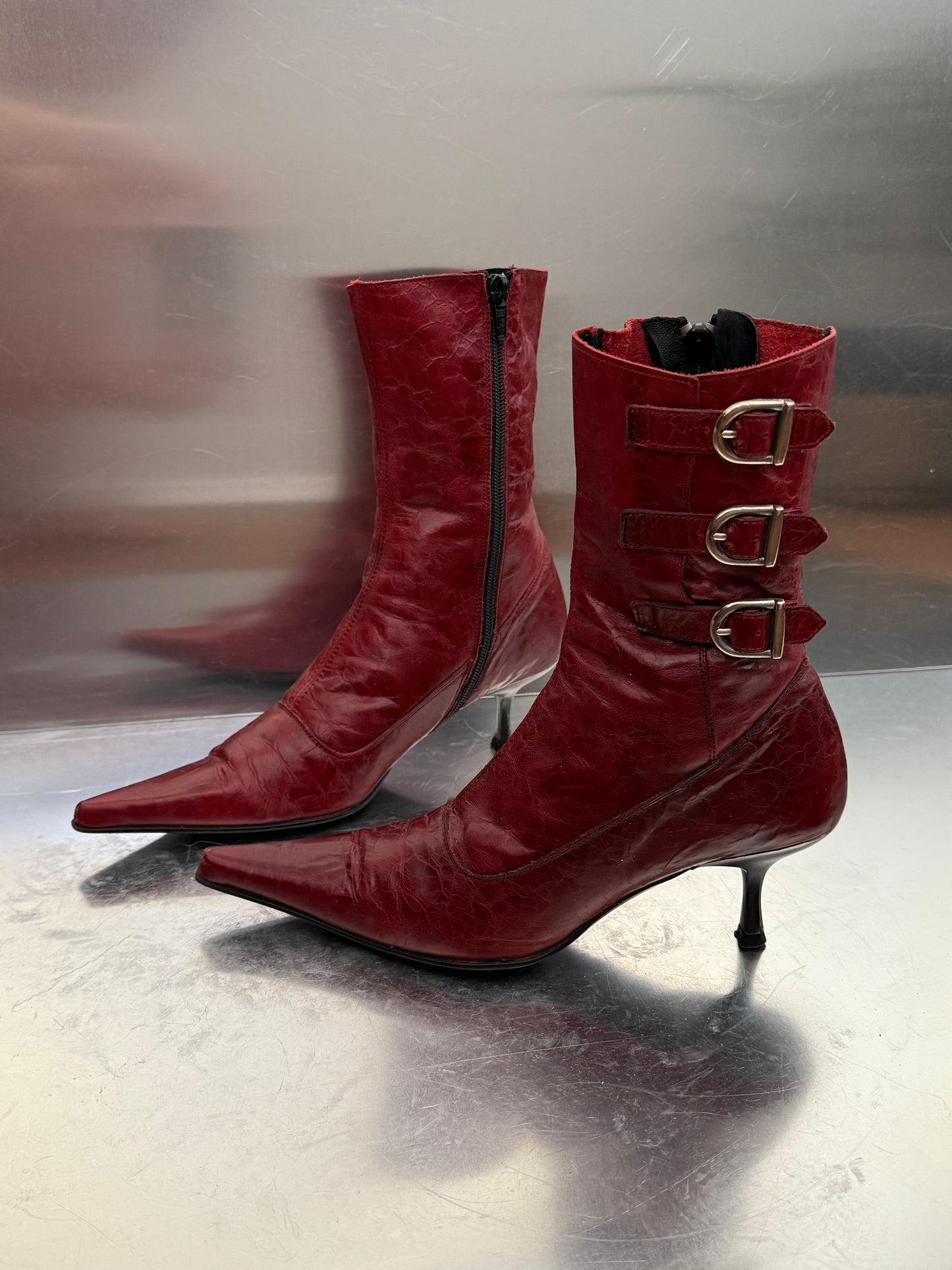 Vintage Red Leather Buffalo Heeled Boots Twinkling