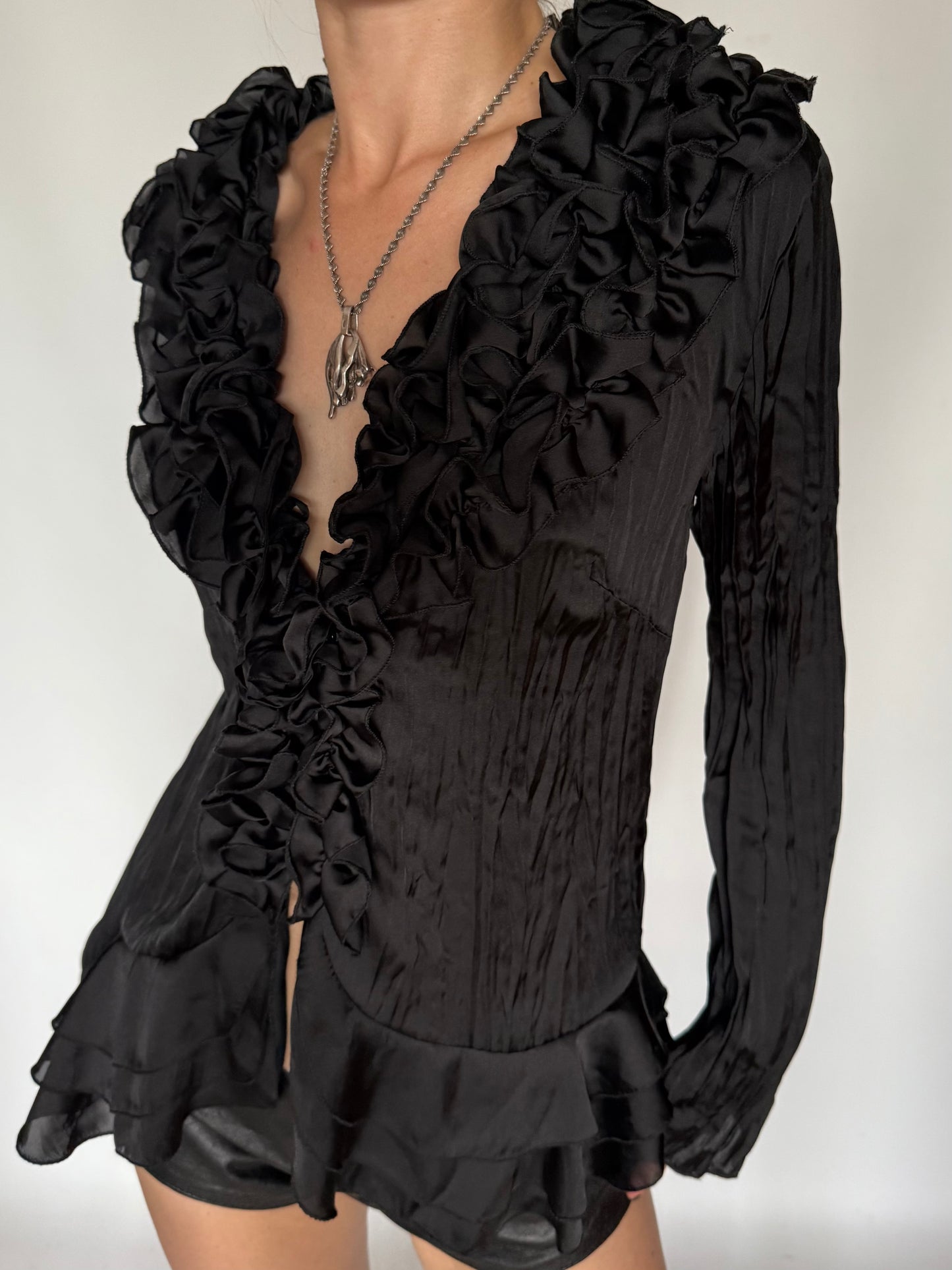 Vintage Satin Ruffle Peplum Blouse Black Twinkling Global