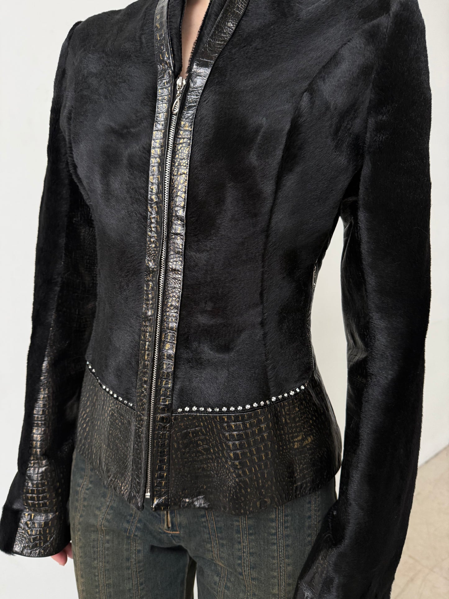 Vintage fitted leather jacket with pony fur TWINKLING GLOBAL