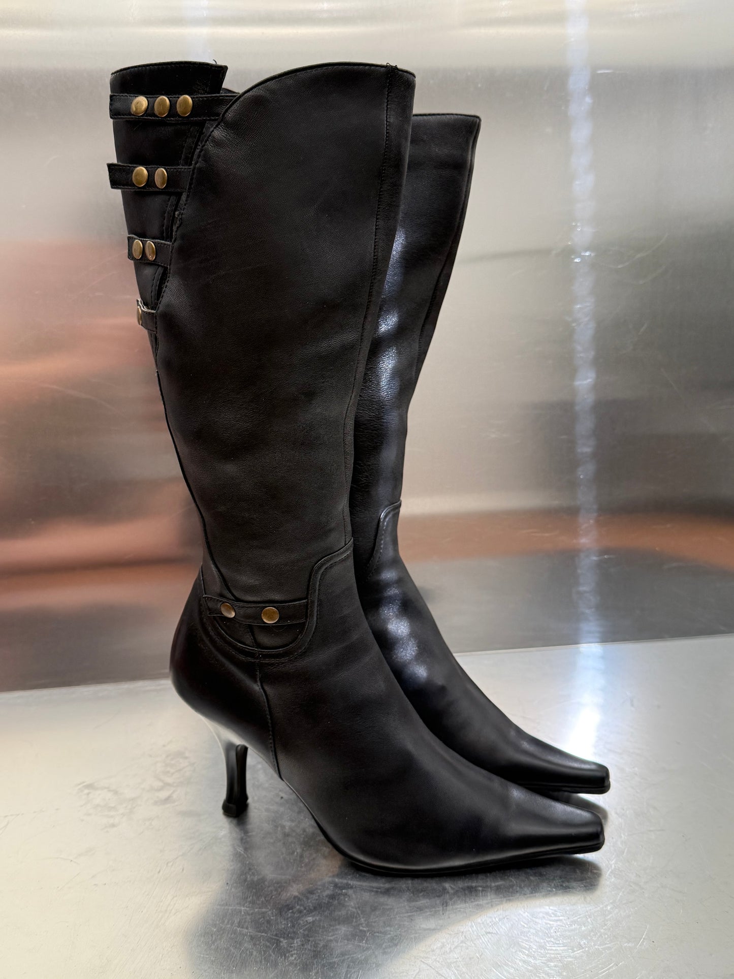 Vintage Black Leather High Boots with Stud Details Twinkling Global