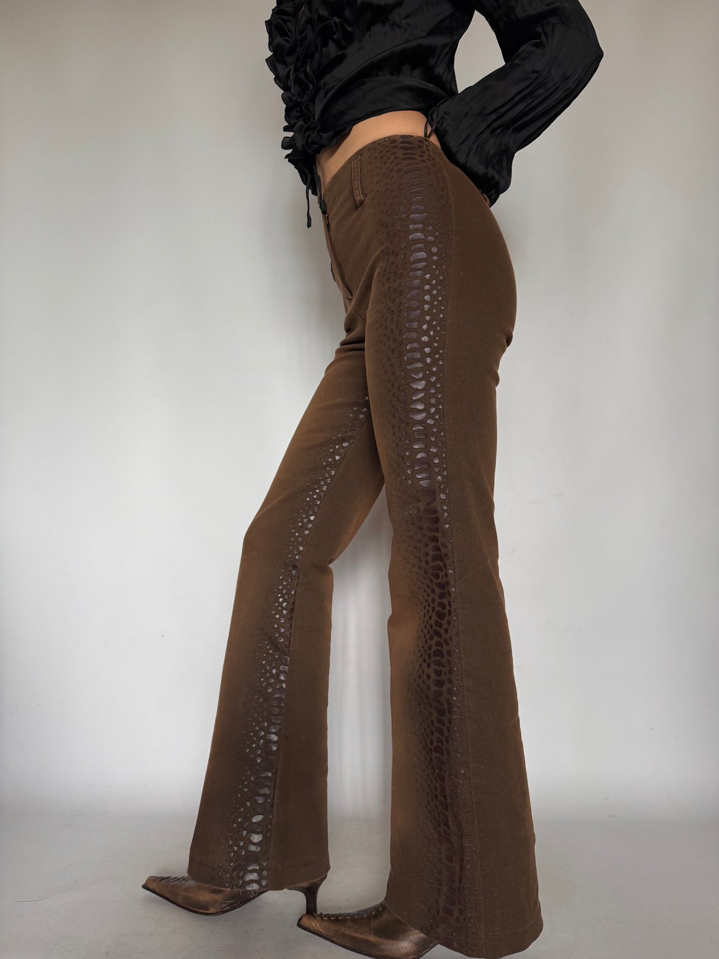 Vintage Brown Snake-Effect Flare Pants Twinkling Global