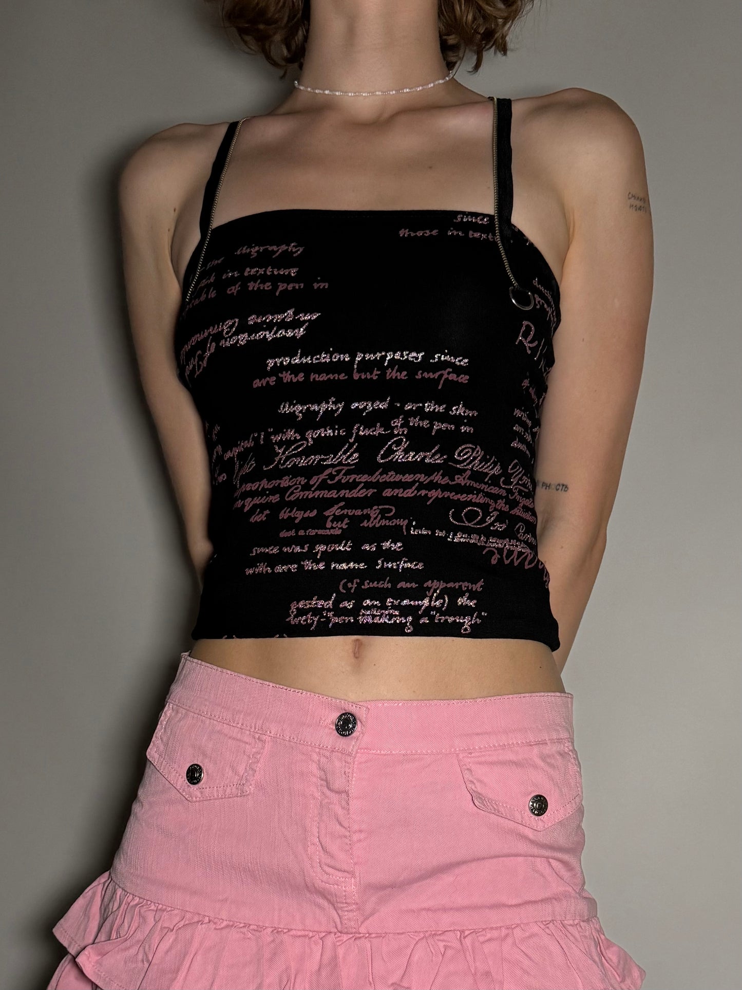 Y2K Black Stretchy Printed Tank Top with Back Zipper TWINKLING