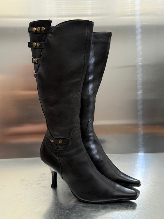 Vintage Black Leather High Boots with Stud Details Twinkling Global