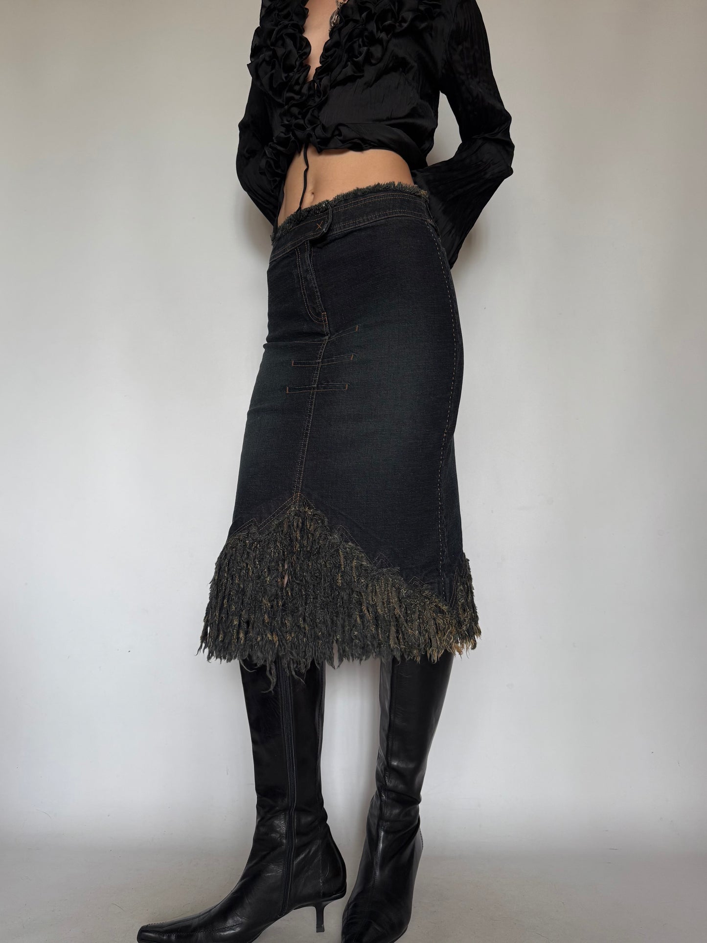 Vintage Denim Skirt with Fringe Hem Twinkling Global