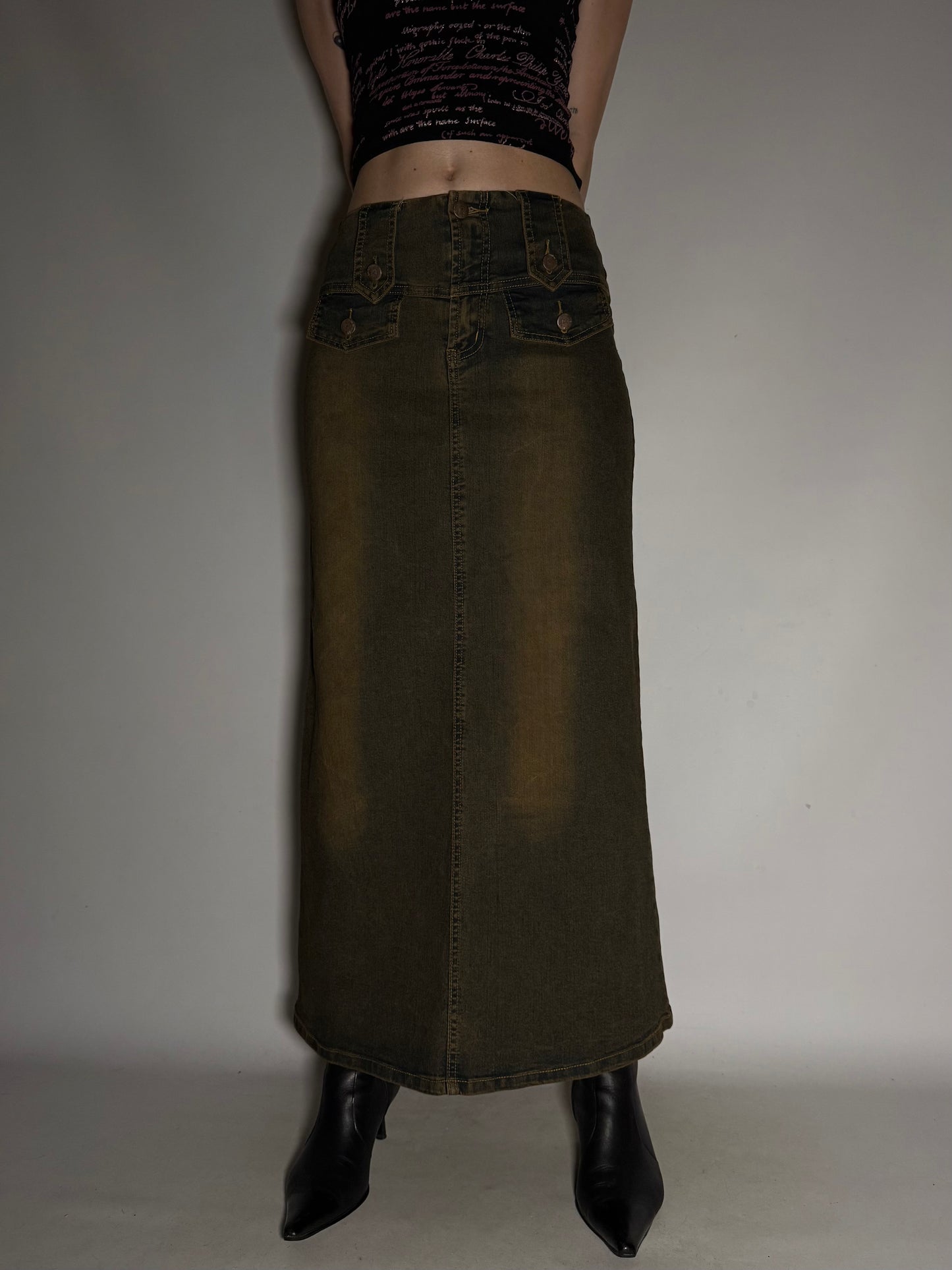 Rust-Toned Stretch Denim Maxi Skirt  Twinkling