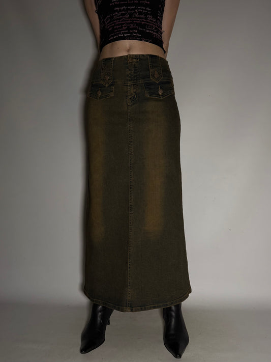 Rust-Toned Stretch Denim Maxi Skirt  Twinkling
