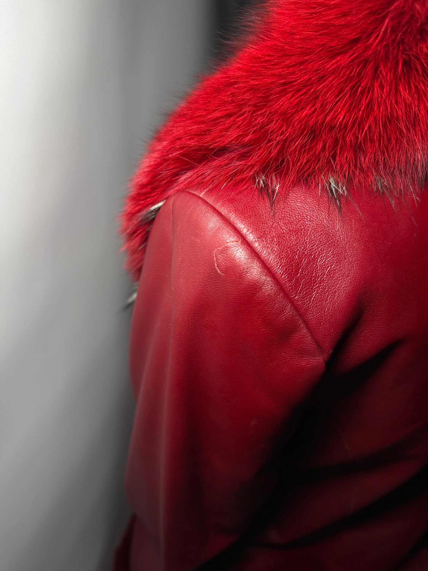 Vintage Red Leather Wrap Jacket with Real Fur TWINKLING GLOBAL
