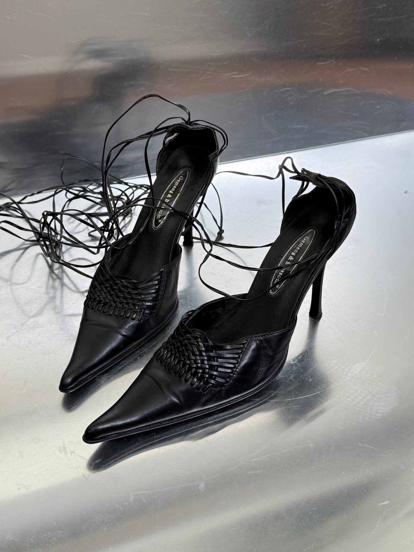 Vintage Black Leather Heels with Lace-Up Straps  Twinkling