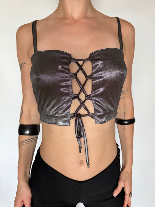 Vintage Metallic Lace-Up Crop Top – Twinkling Global