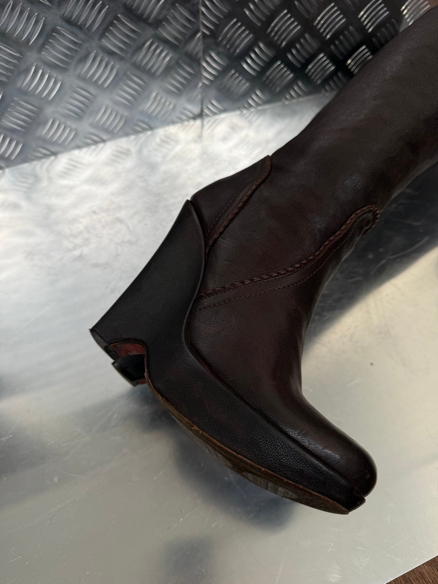 Vintage brown leather platform wedge over-the-knee boots SHY TWINKLING GLOBAL