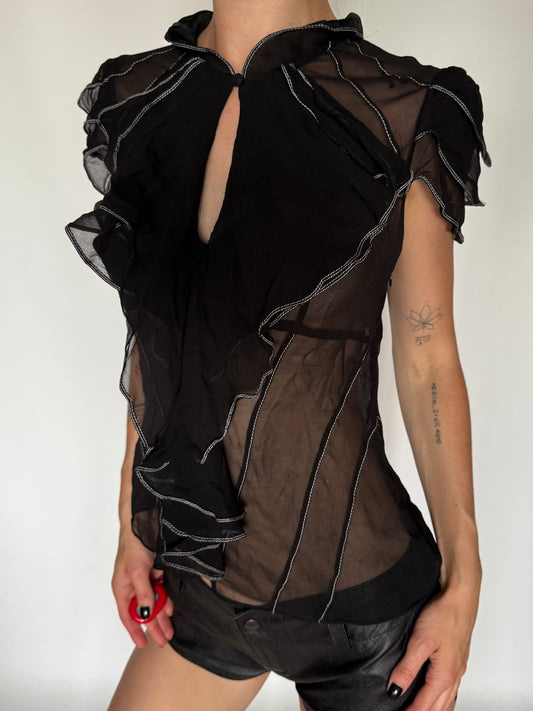 Vintage Silky Sheer Ruffle Mesh Blouse Black Twinkling Global