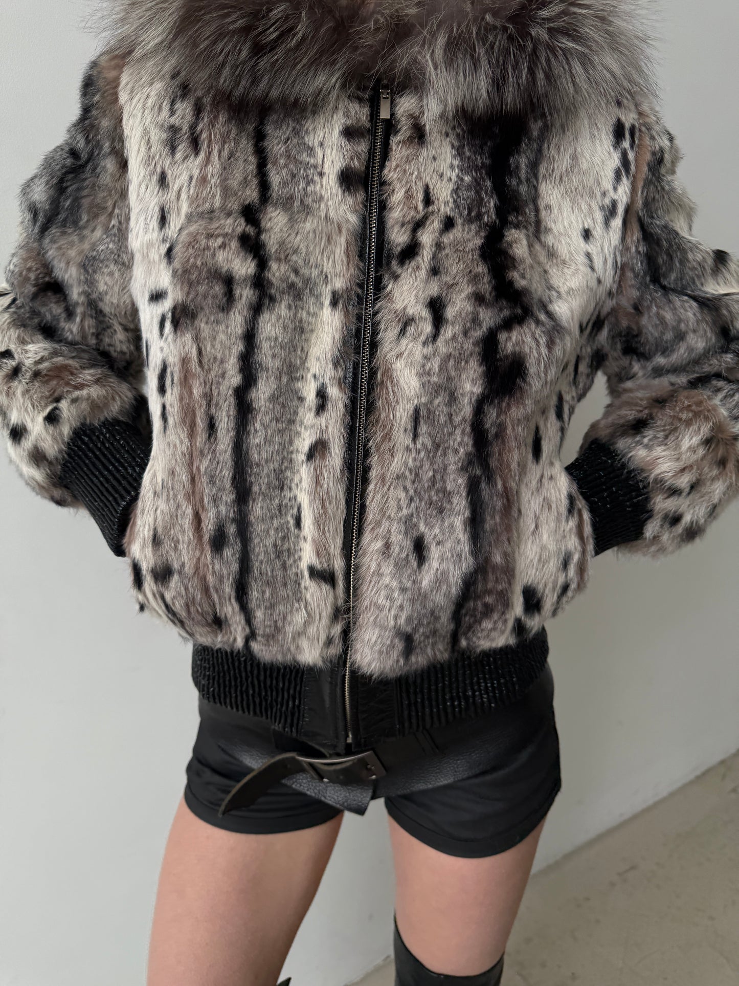 Vintage genuine leather jacket with natural rabbit fur and hood TWINKLING GLOBAL