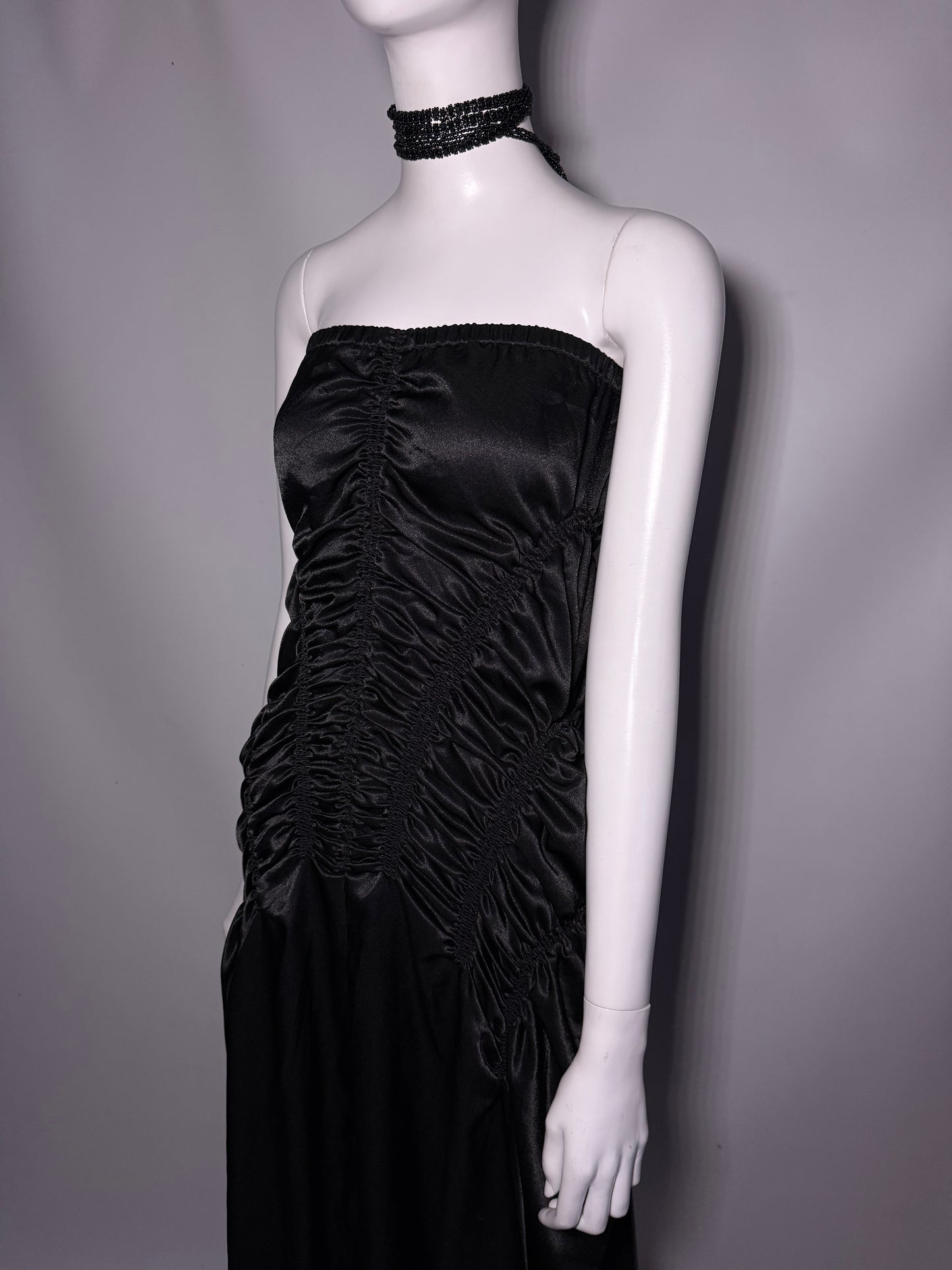 Y2K Strapless Black Ruched Satin Maxi Dress Twinkling