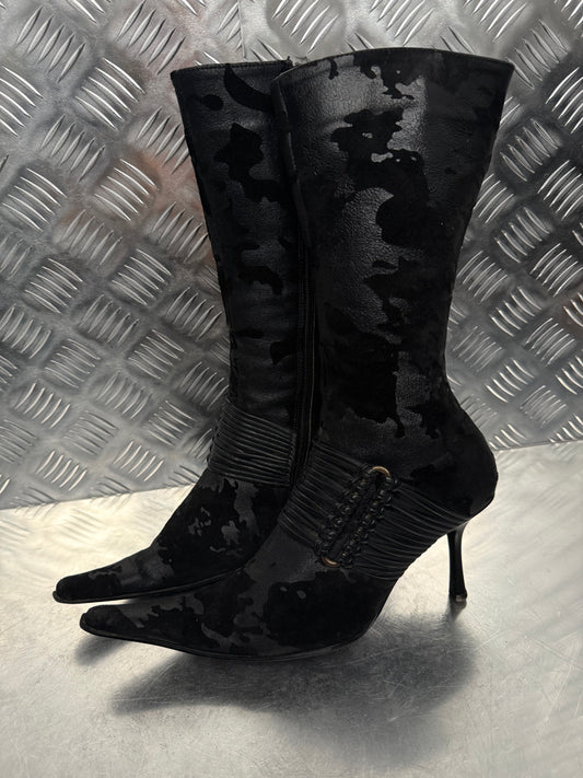 Vintage Black Leather & Suede Heeled Boots with Fur Lining TWINKLING GLOBAL