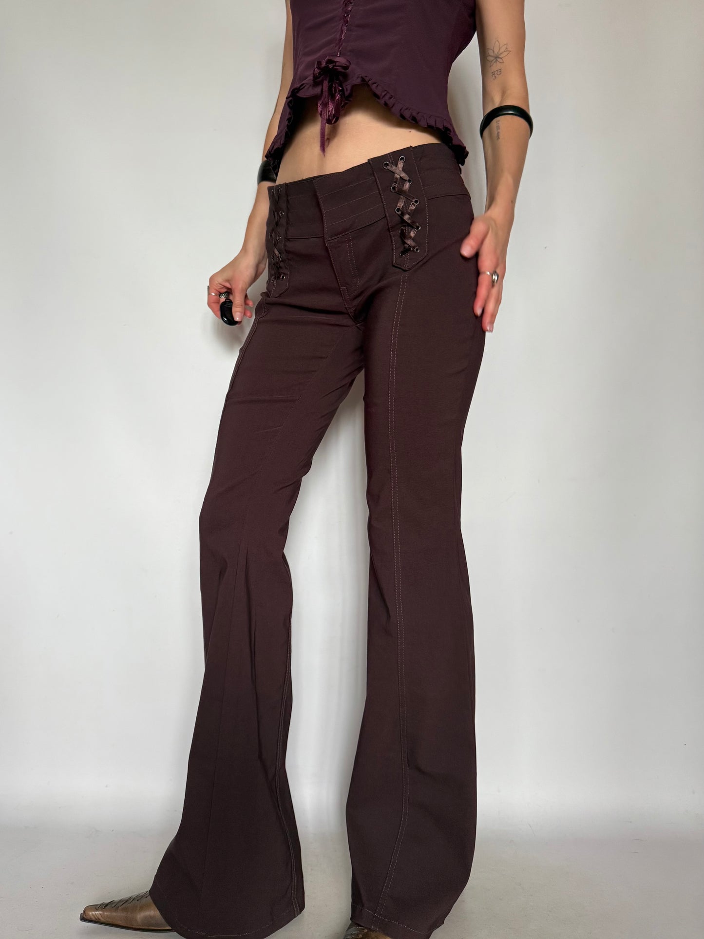 Vintage Brown Flared Pants with Lace-up Detail – Twinkling Global