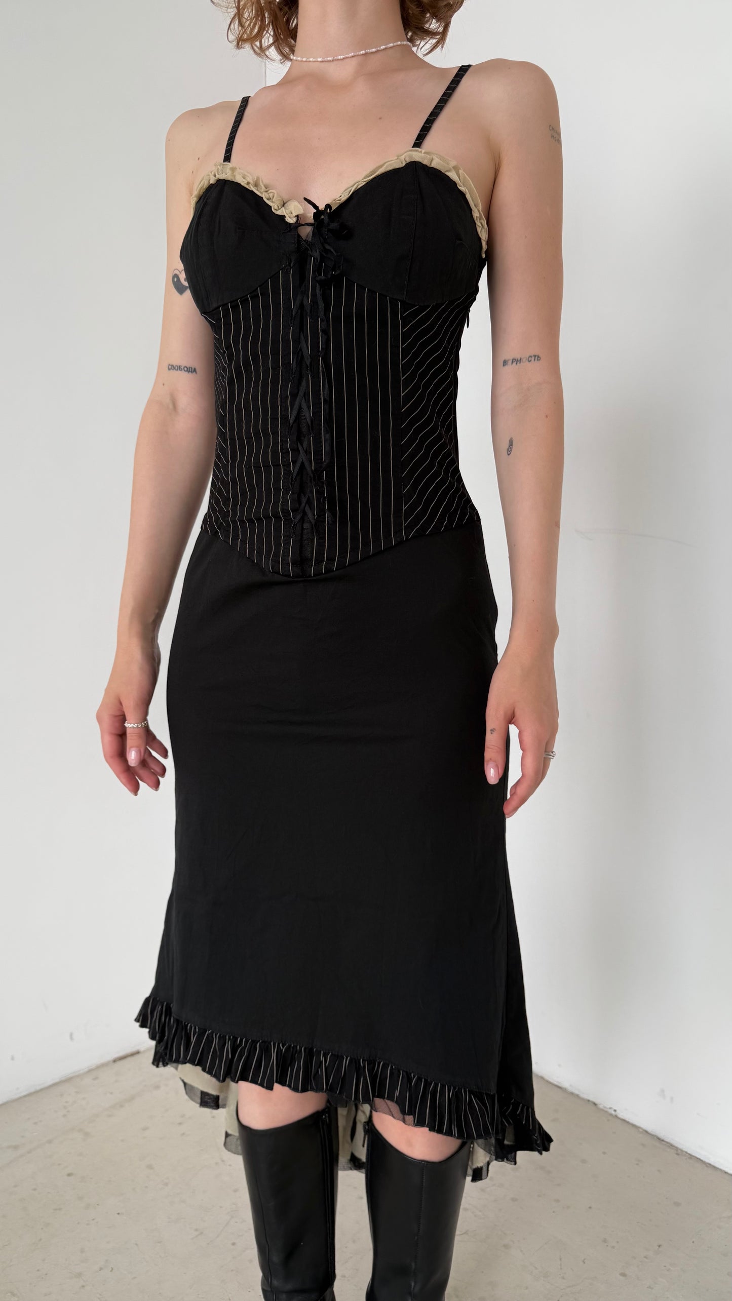 Vintage Black Pinstripe Bustier Dress with Ruffle Hem – Twinkling Global