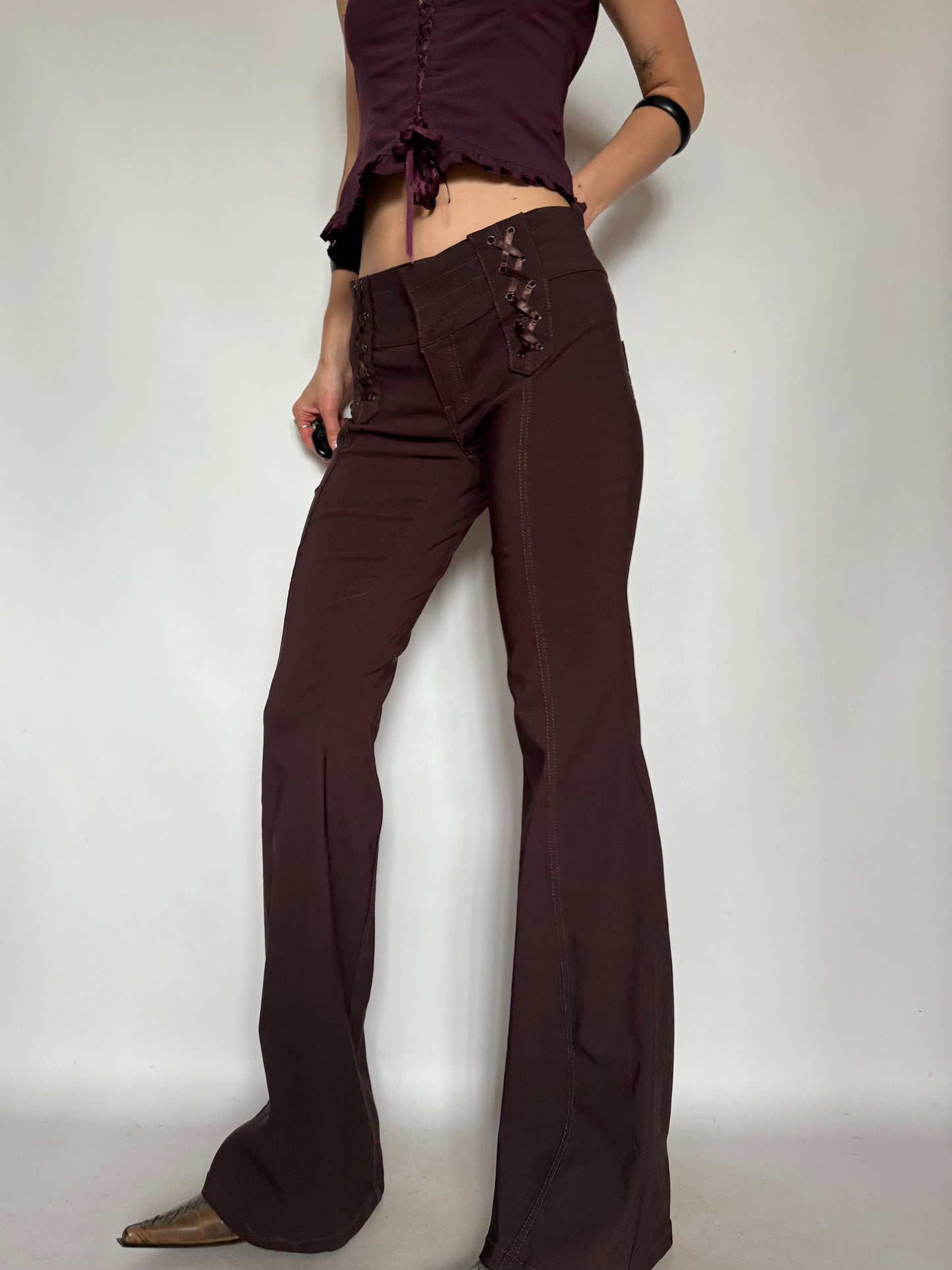 Vintage Brown Flared Pants with Lace-up Detail – Twinkling Global