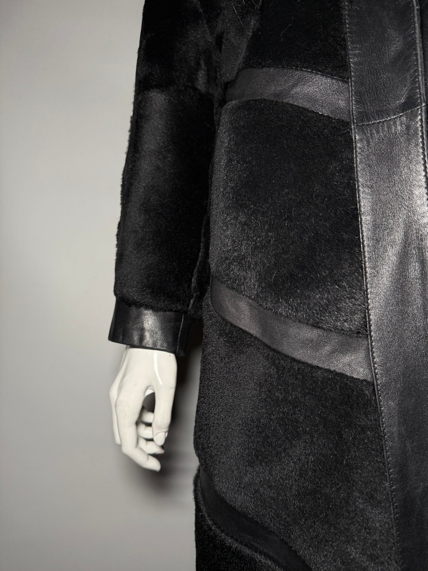 Vintage Black Leather Long Coat with Real Fur TWINKLING GLOBAL