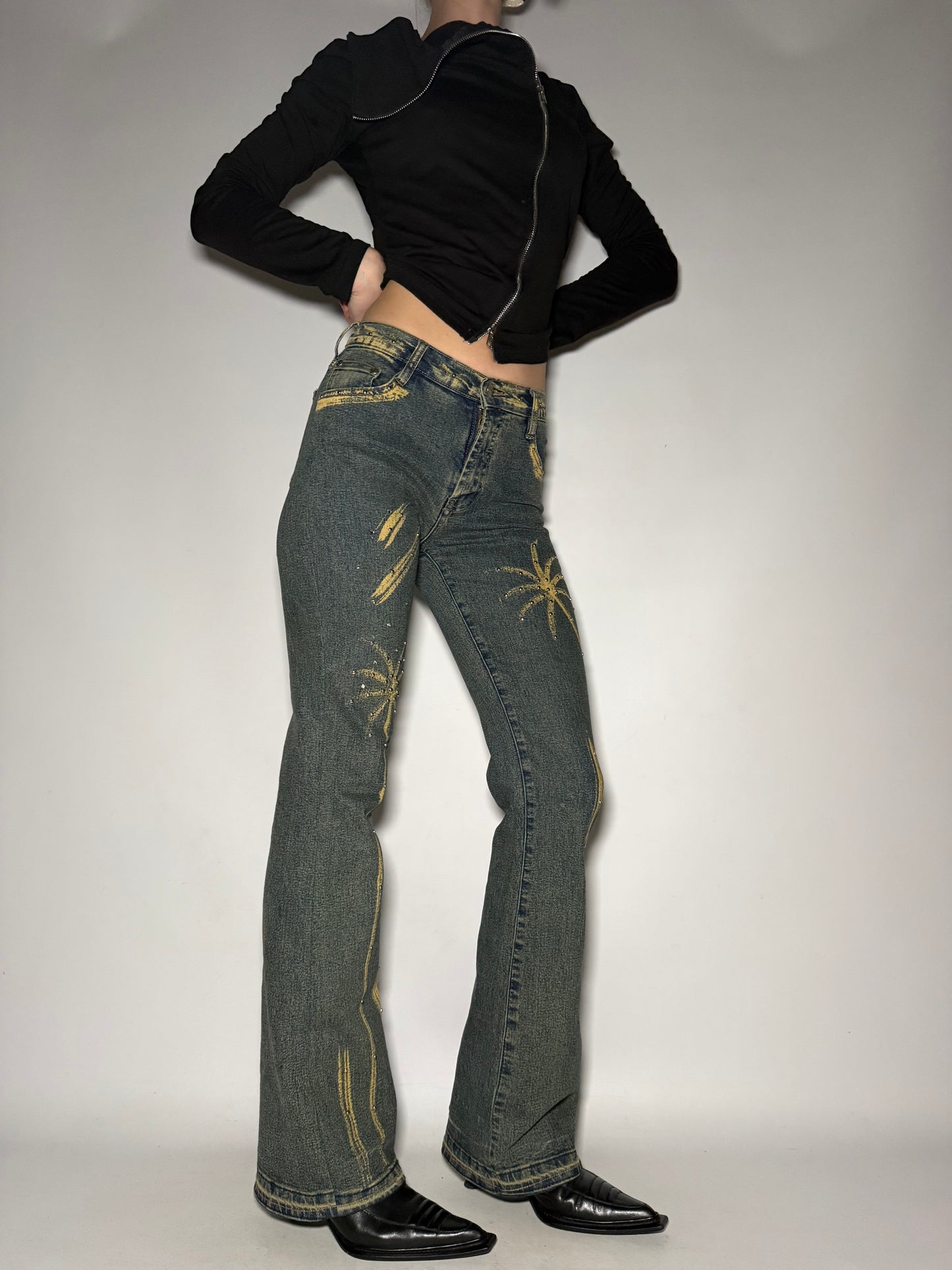 Yellow Washed Stretch Flare Jeans Twinkling Global