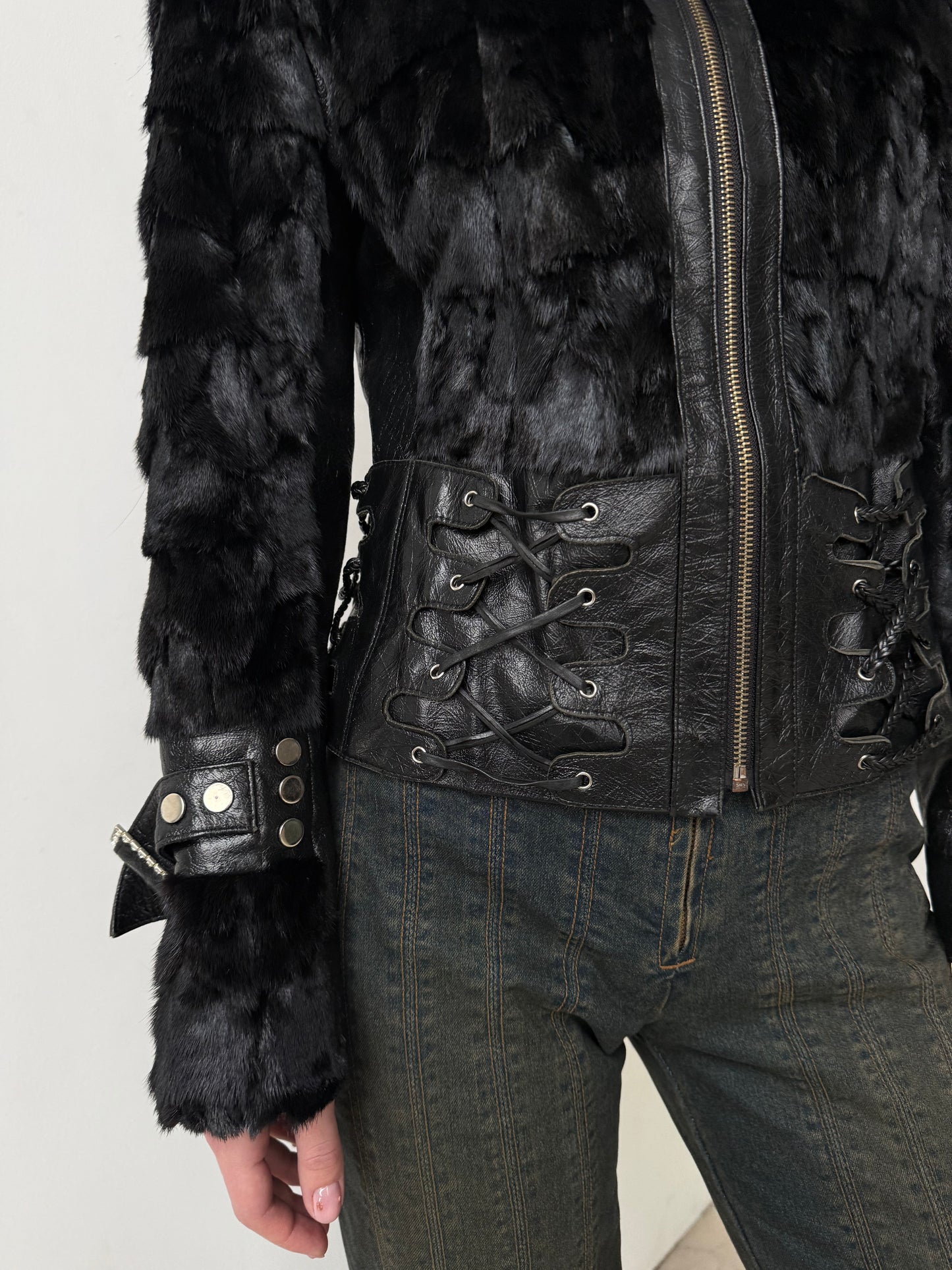 Vintage Leather & Real Fur Lace-Up Jacket TWINKLING GLOBAL
