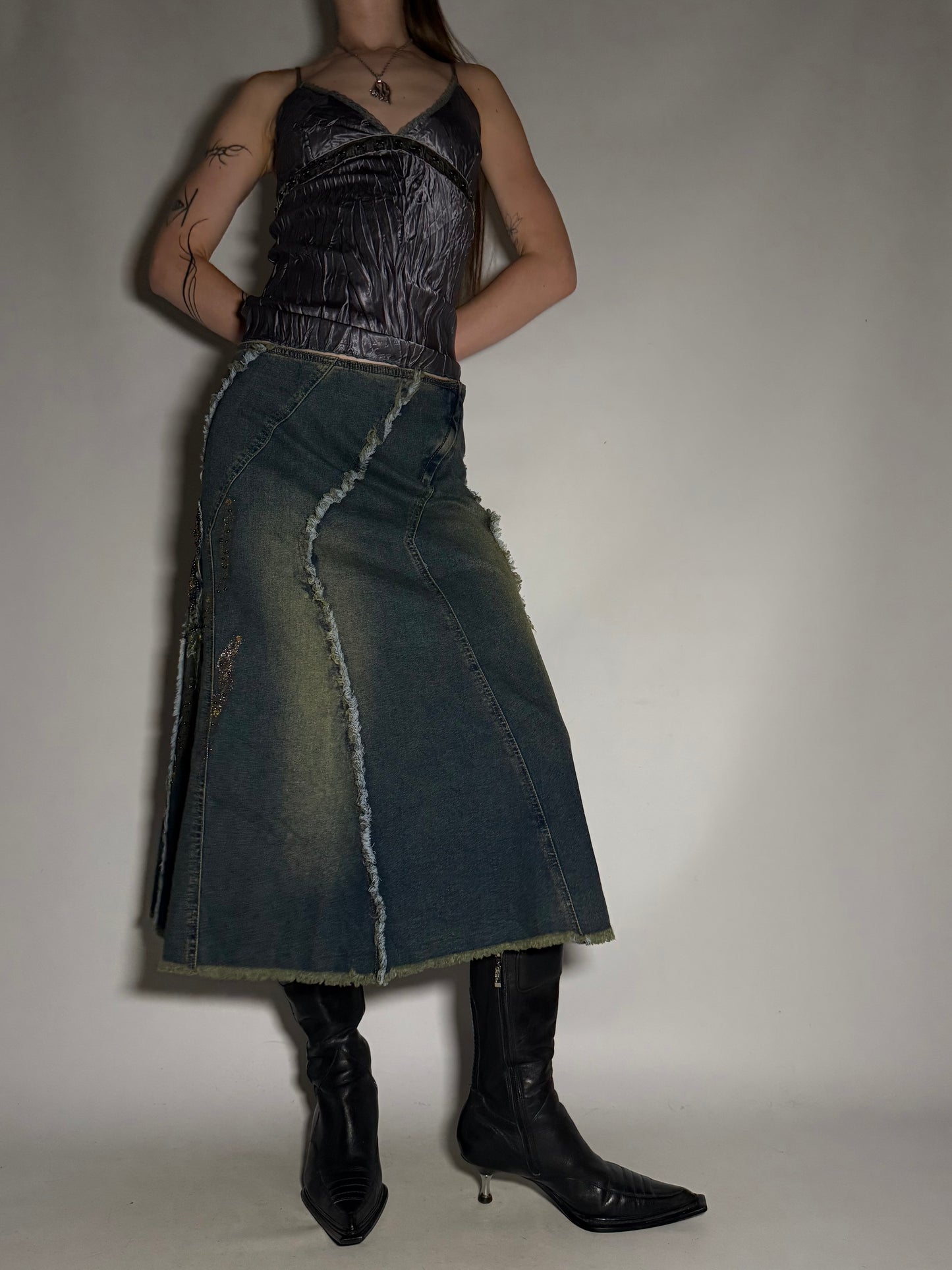 Y2K Distressed Denim Maxi Skirt with Sequin Floral Appliqué TWINKLING