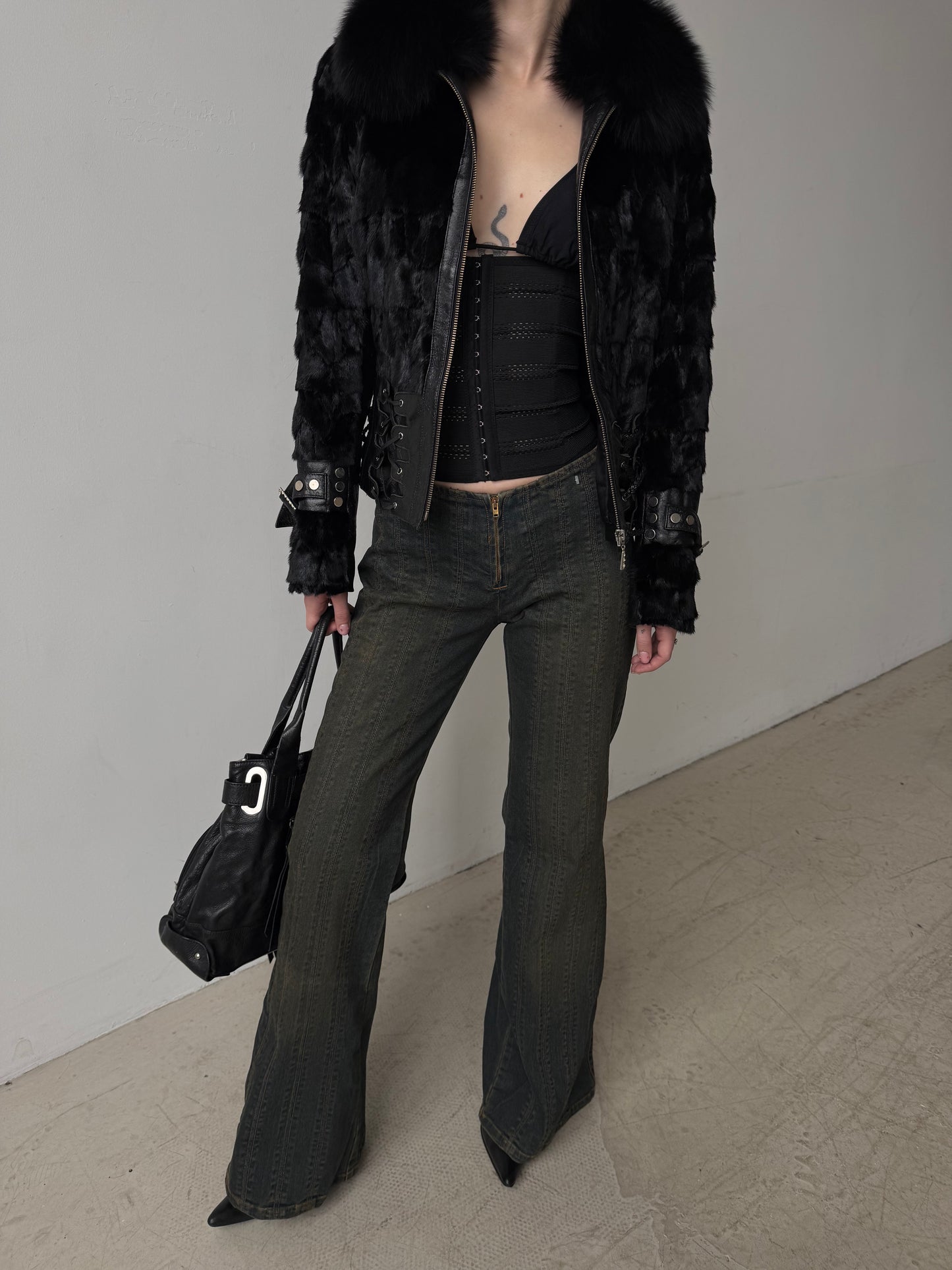 Vintage Leather & Real Fur Lace-Up Jacket TWINKLING GLOBAL