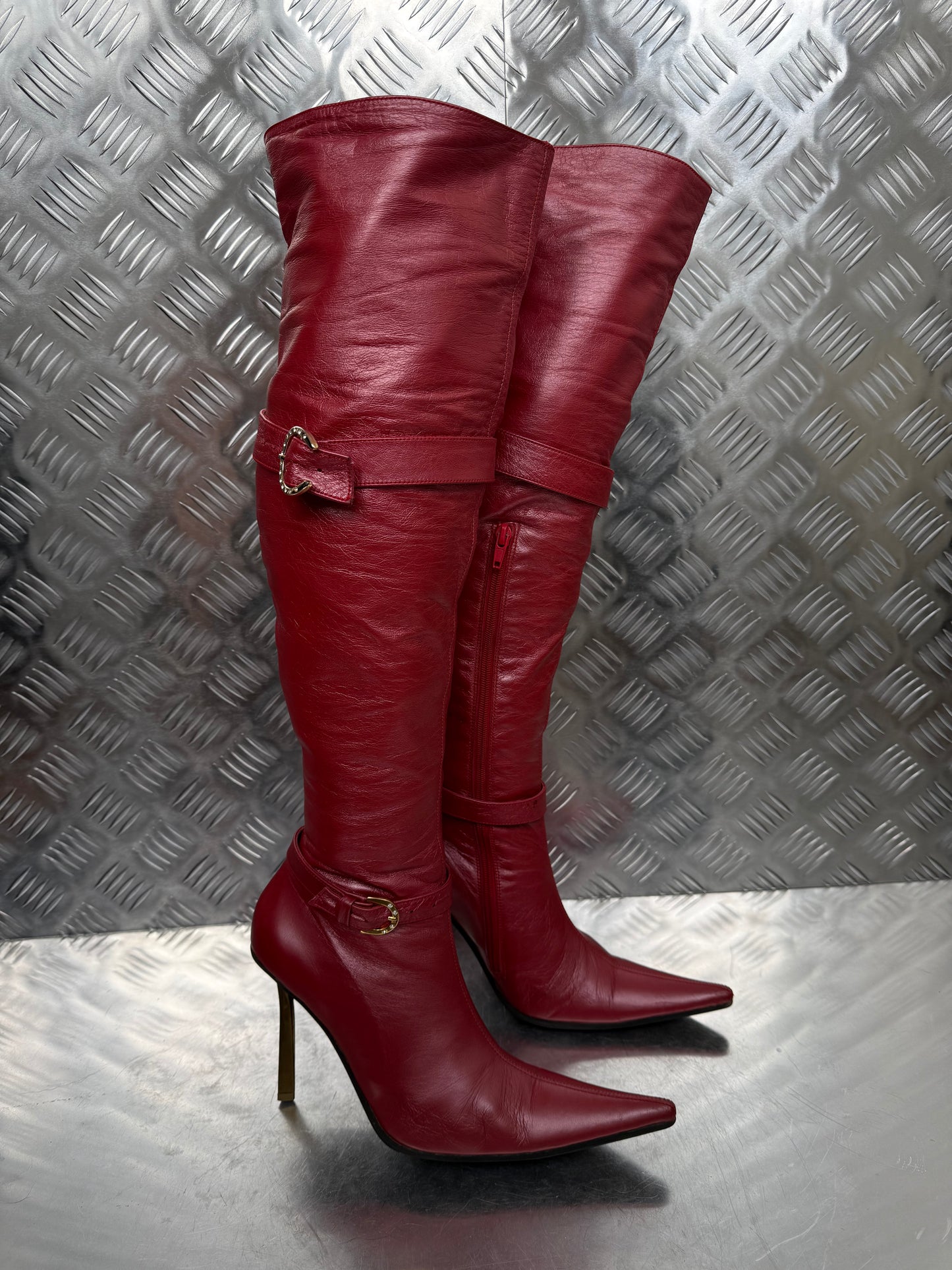Vintage red leather over-the-knee boots with removable straps Twinkling Global
