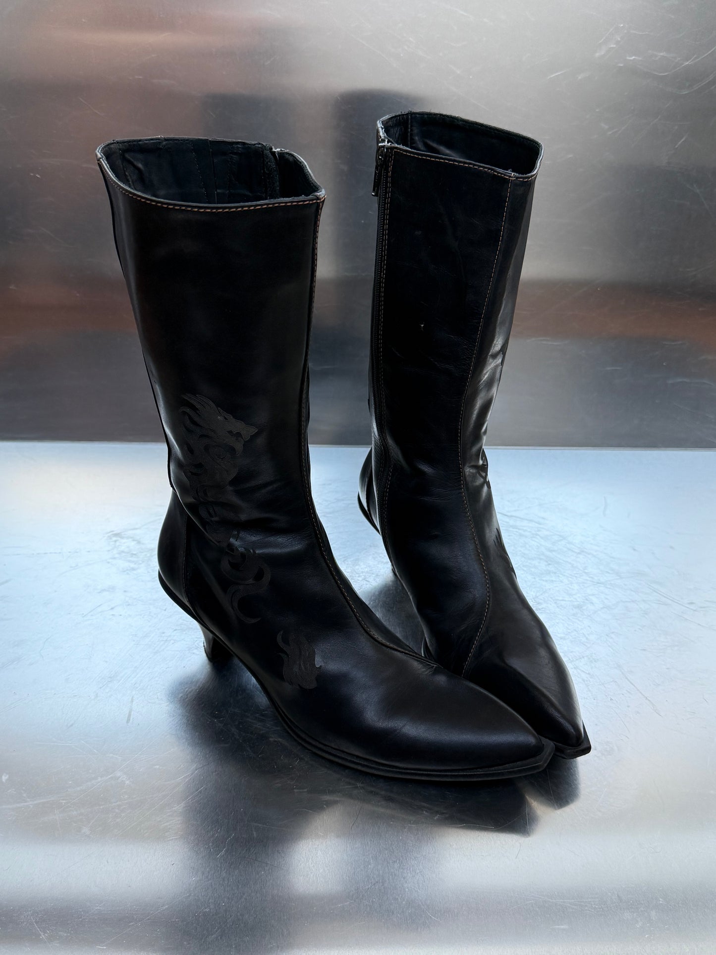 Vintage Black Leather Boots with Tribal Detail Twinkling Global