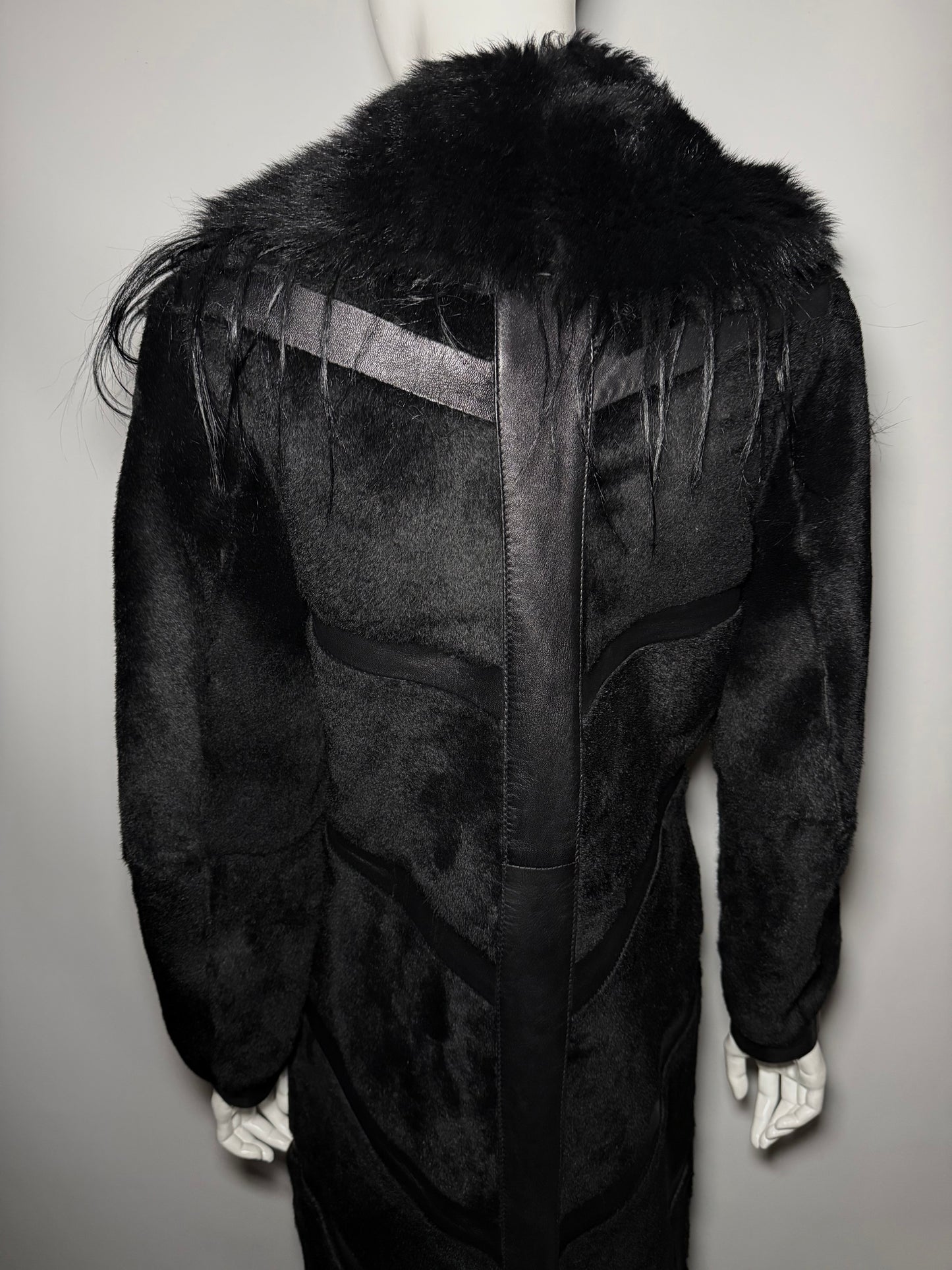 Vintage Black Leather Long Coat with Real Fur TWINKLING GLOBAL