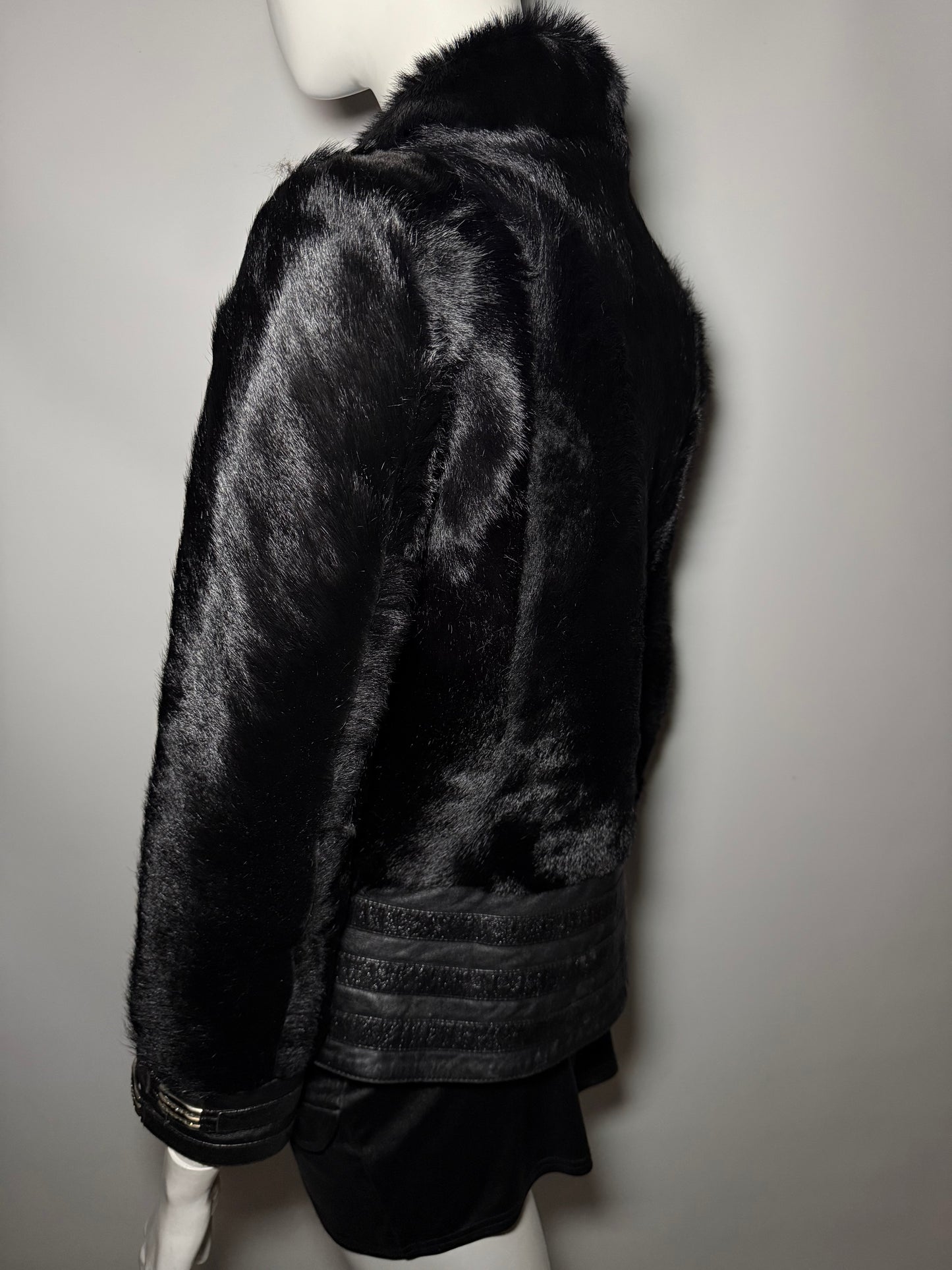 Vintage Black Leather Jacket with Real Fur TWINKLING GLOBAL