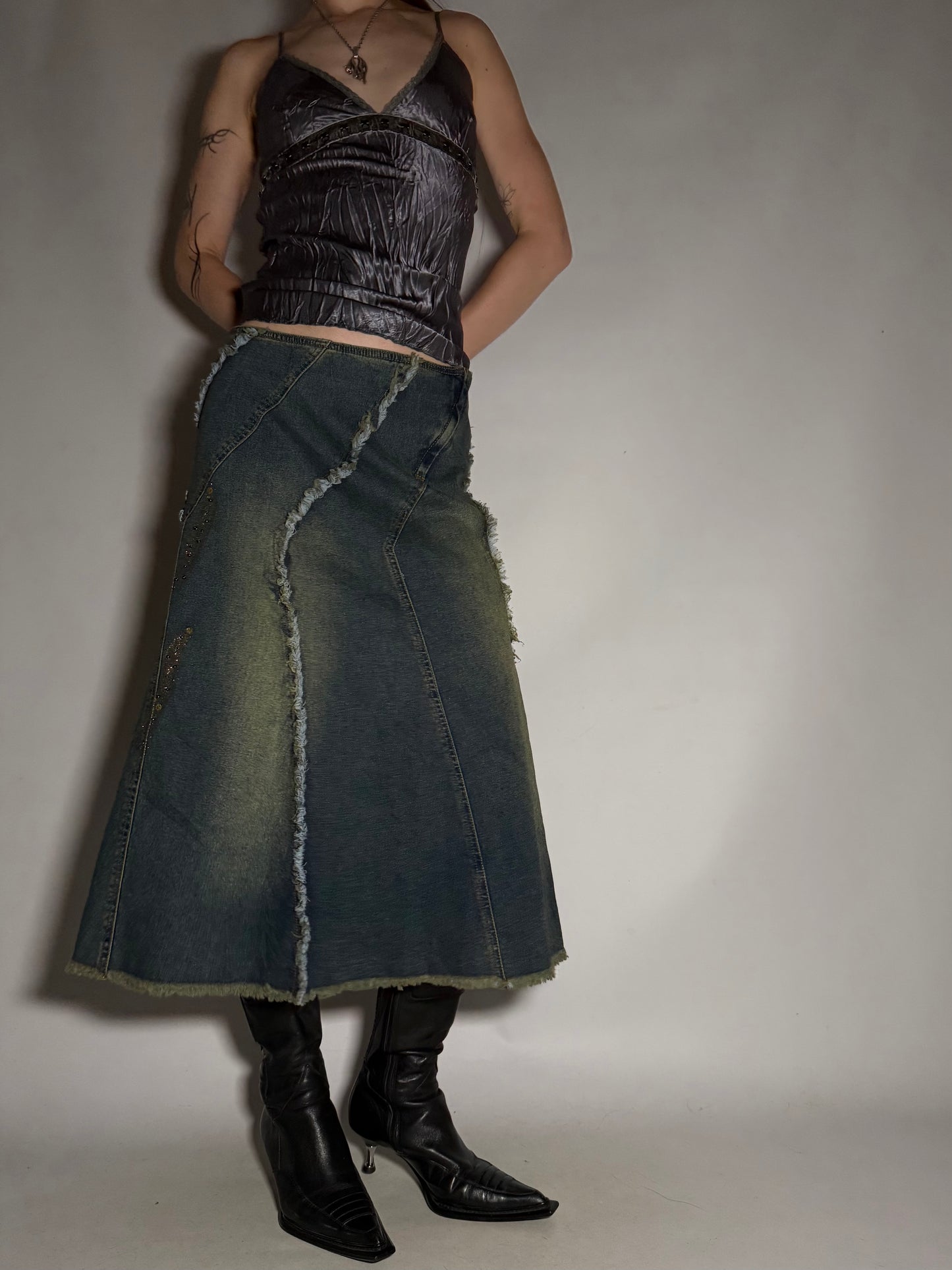 Y2K Distressed Denim Maxi Skirt with Sequin Floral Appliqué TWINKLING
