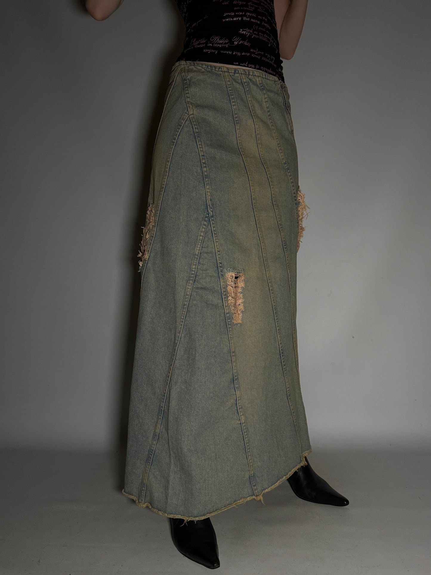 Vintage Rust-Washed Denim Maxi Skirt Twinkling